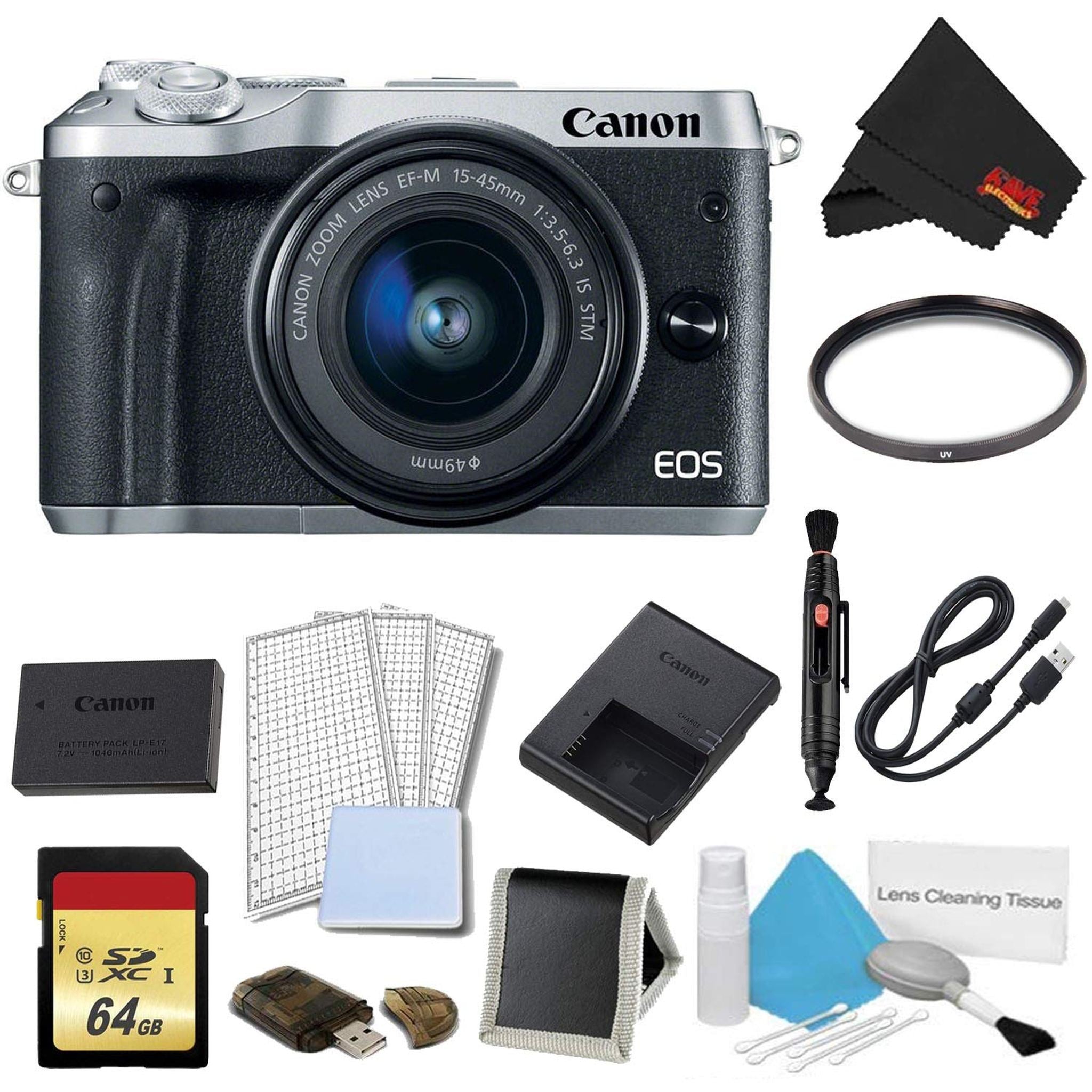 Canon EOS M6 Mirrorless Digital Camera with 15-45mm Lens Silver Plus Bundle - International Model Canon