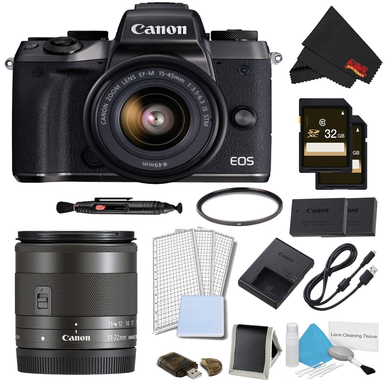Canon EOS M5 Mirrorless Digital Camera with 15-45mm Lens Pro Bundle w/Bonus EF-M 11-22MM Lens - International Model