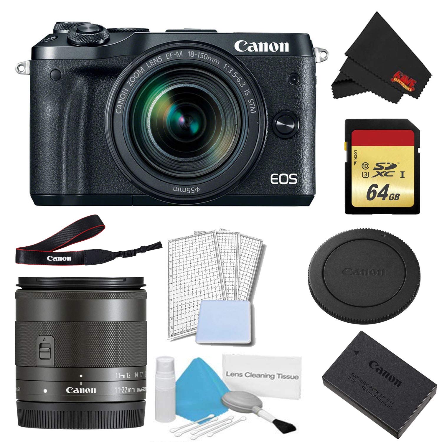 Canon EOS M6 Mirrorless Digital Camera with 18-150mm Lens Basic Bundle w/ 64GB Memory Card + Bonus EF-M 11-22MM Lens - I