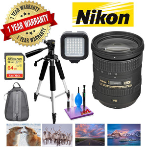 NIKON 18-200MM F/3.5-5.6G ED AF-S DX VR II Lens with 1 Year Warranty, Sandisk 64GB Memory, Portable LED Light Deluxe Bundle Nikon