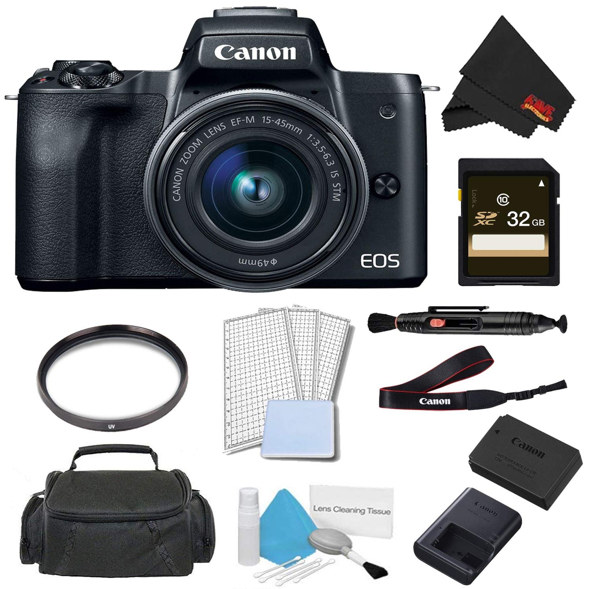 Canon EOS M50 Mirrorless Digital Camera with 15-45mm Lens Black Advanced Bundle w/ 32GB Memory Card - International Mo Canon