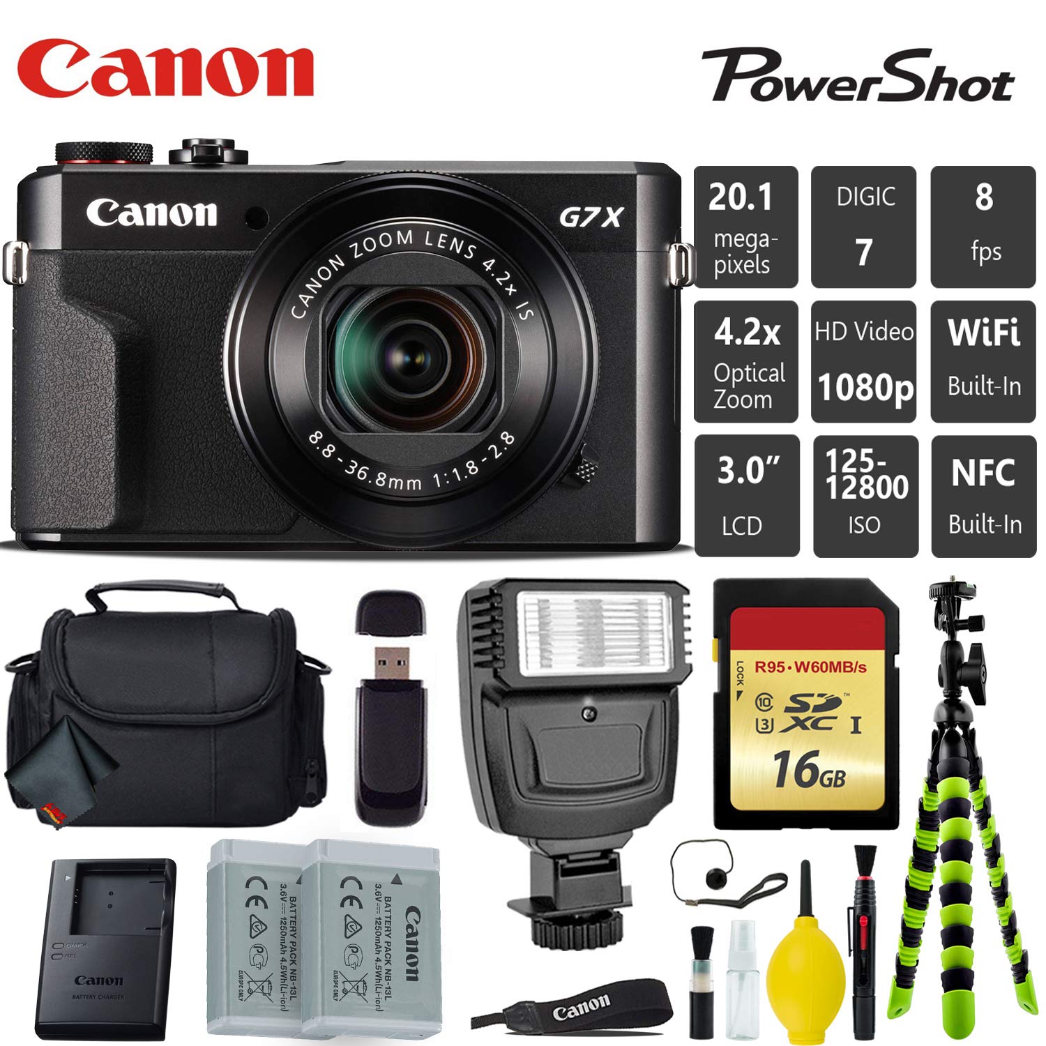 Canon PowerShot G7 X Mark II Point and Shoot Digital Camera + Extra Battery + Digital Flash + Camera Case + 16GB Class 1 Card Starter Bundle