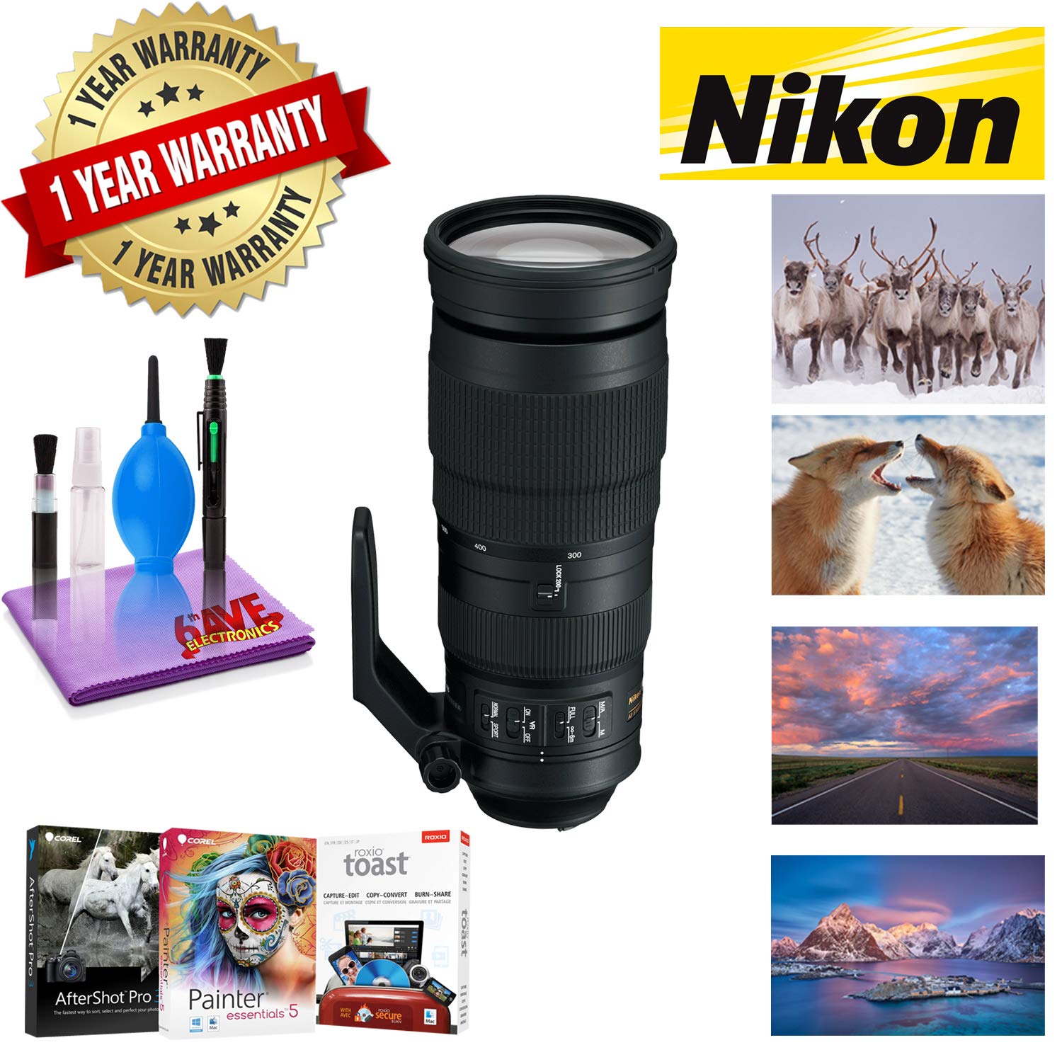 Nikon AF-S NIKKOR 200-500mm f/5.6E ED VR Lens with 1 Year Warranty and Corel Mac Photo Essentials Software Kit - Include