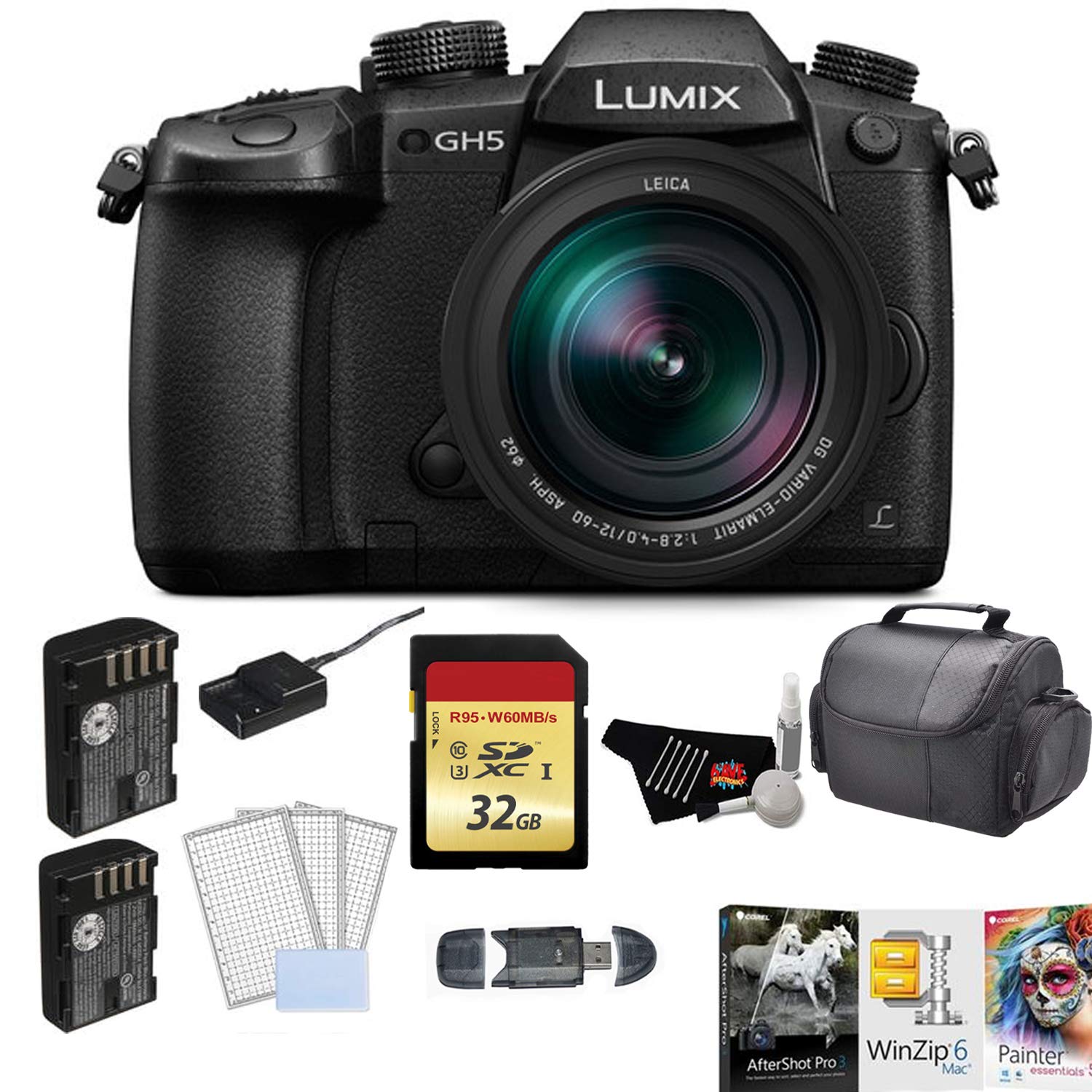 Panasonic Lumix DC-GH5 Mirrorless Micro Four Thirds Digital Camera with 12-60mm Lens  with Battery + 32GB Memory Card Advanced Bundle