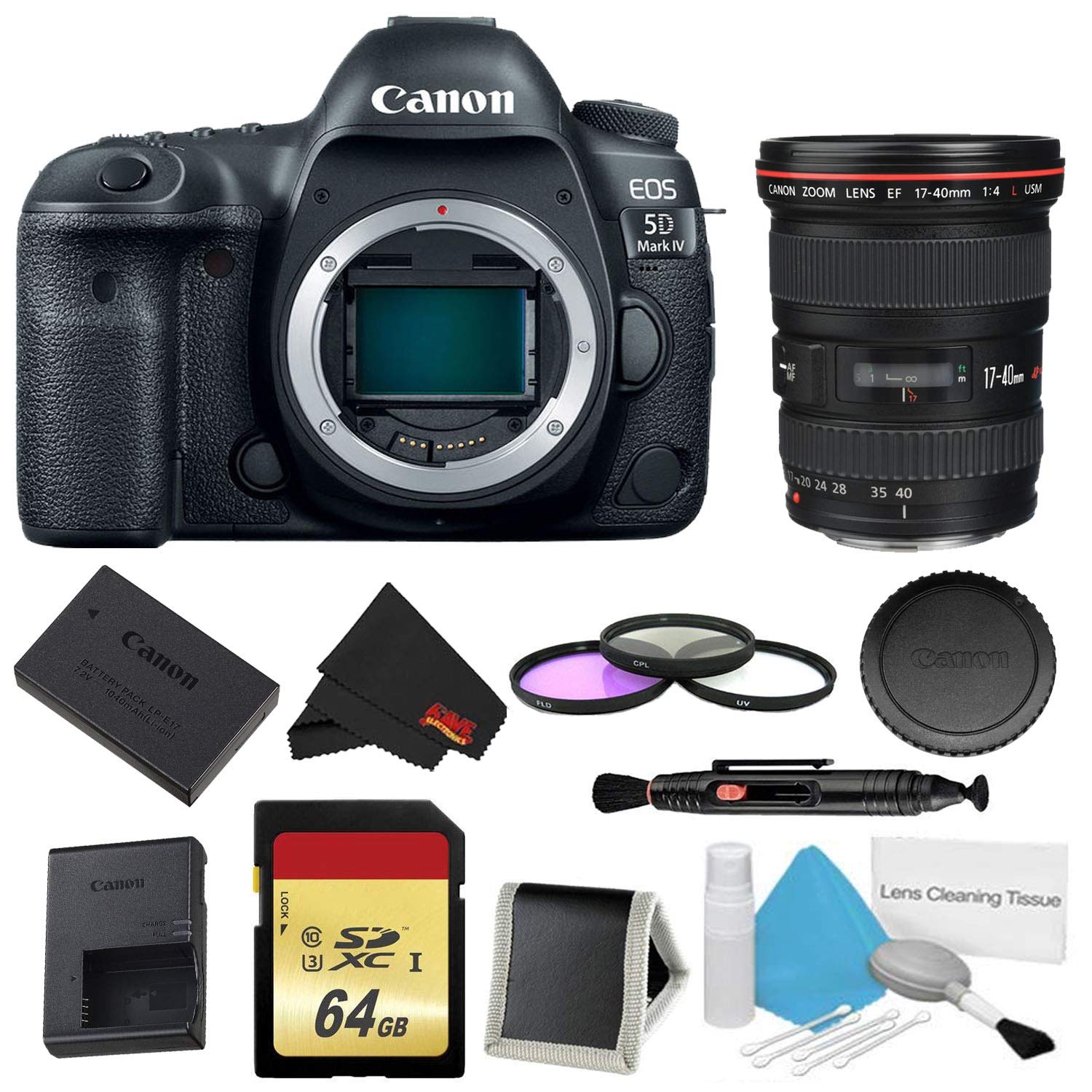 Canon EOS 5D Mark IV DSLR Camera (Body Only) 3 Piece Filter + Memory Kit w/ 17-40mm 4.0 USM L Lens - International Model