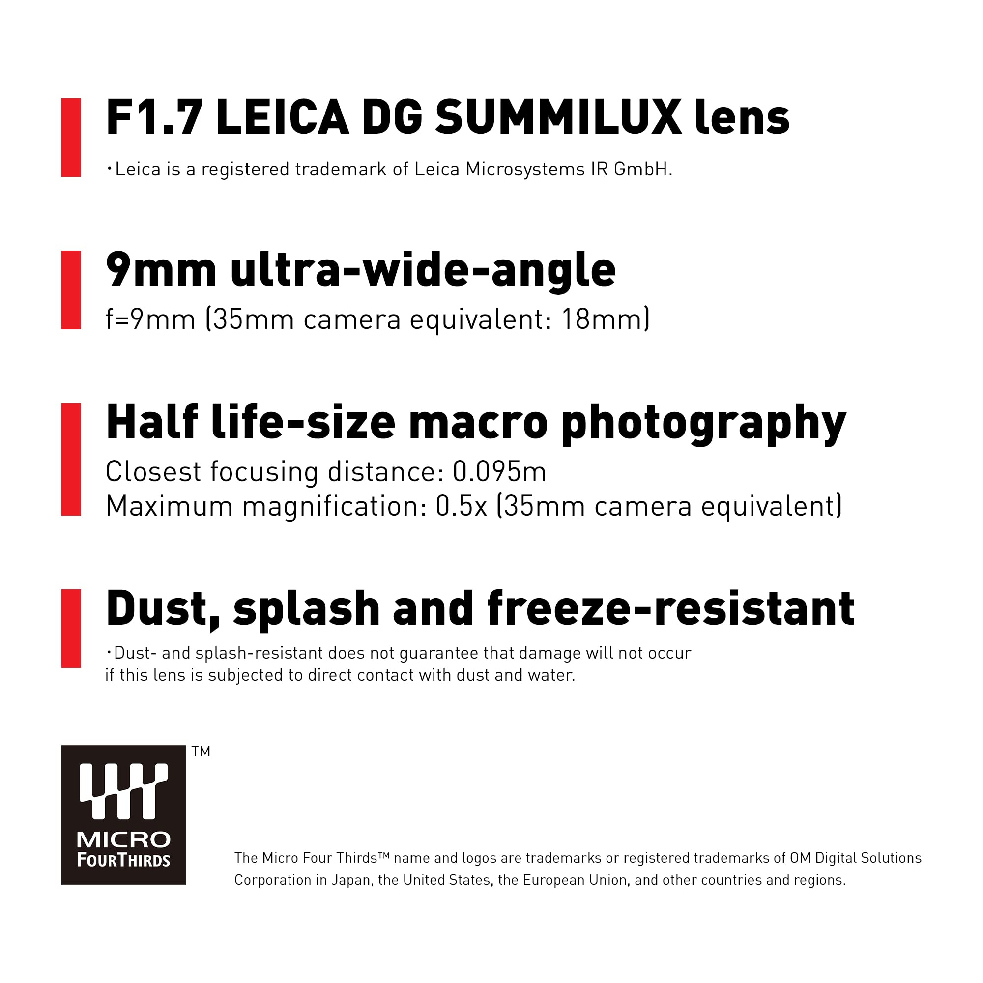 Panasonic LUMIX Micro Four Thirds Camera Lens, Leica DG SUMMILUX 9mm F1.7 ASPH, Large Aperture, Video Performance, H-X09