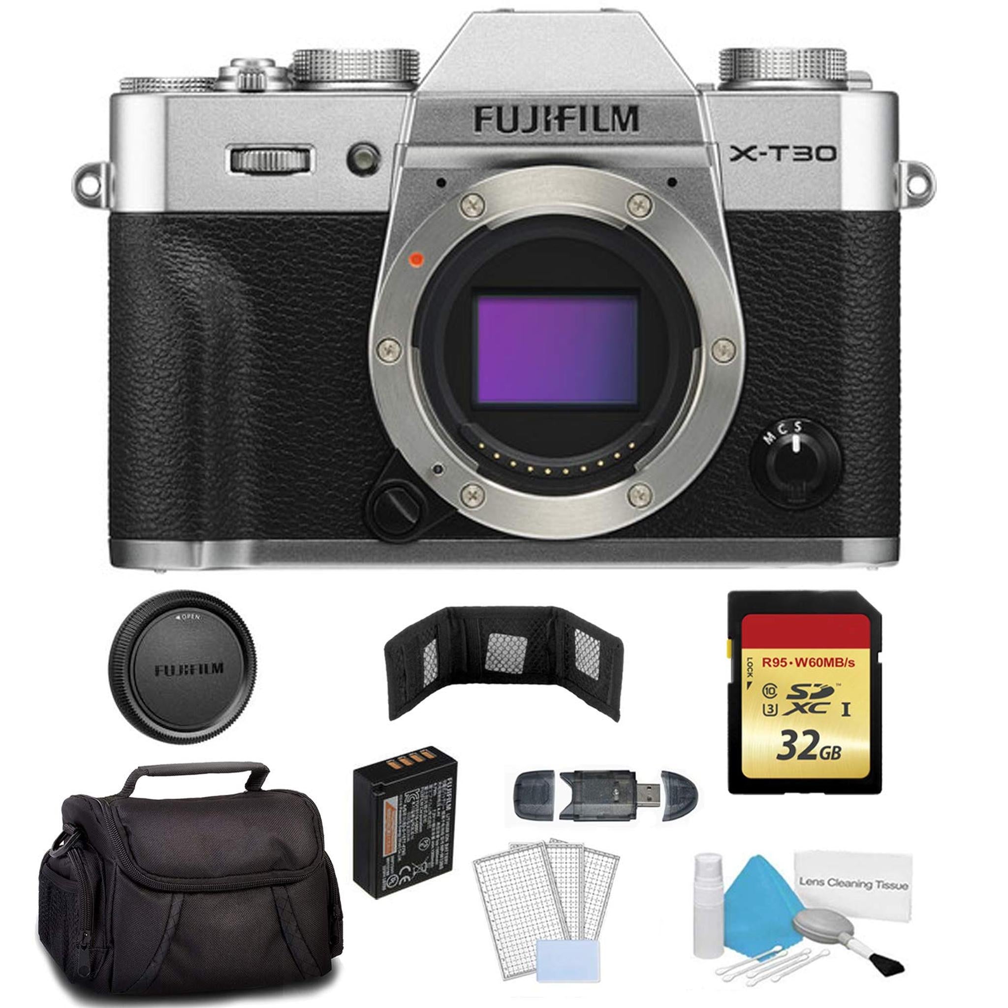 FUJIFILM X-T30 Mirrorless Digital Camera - Silver Body Only 16618380 Bundle with 32GB Memory Card + Carrying Case + More