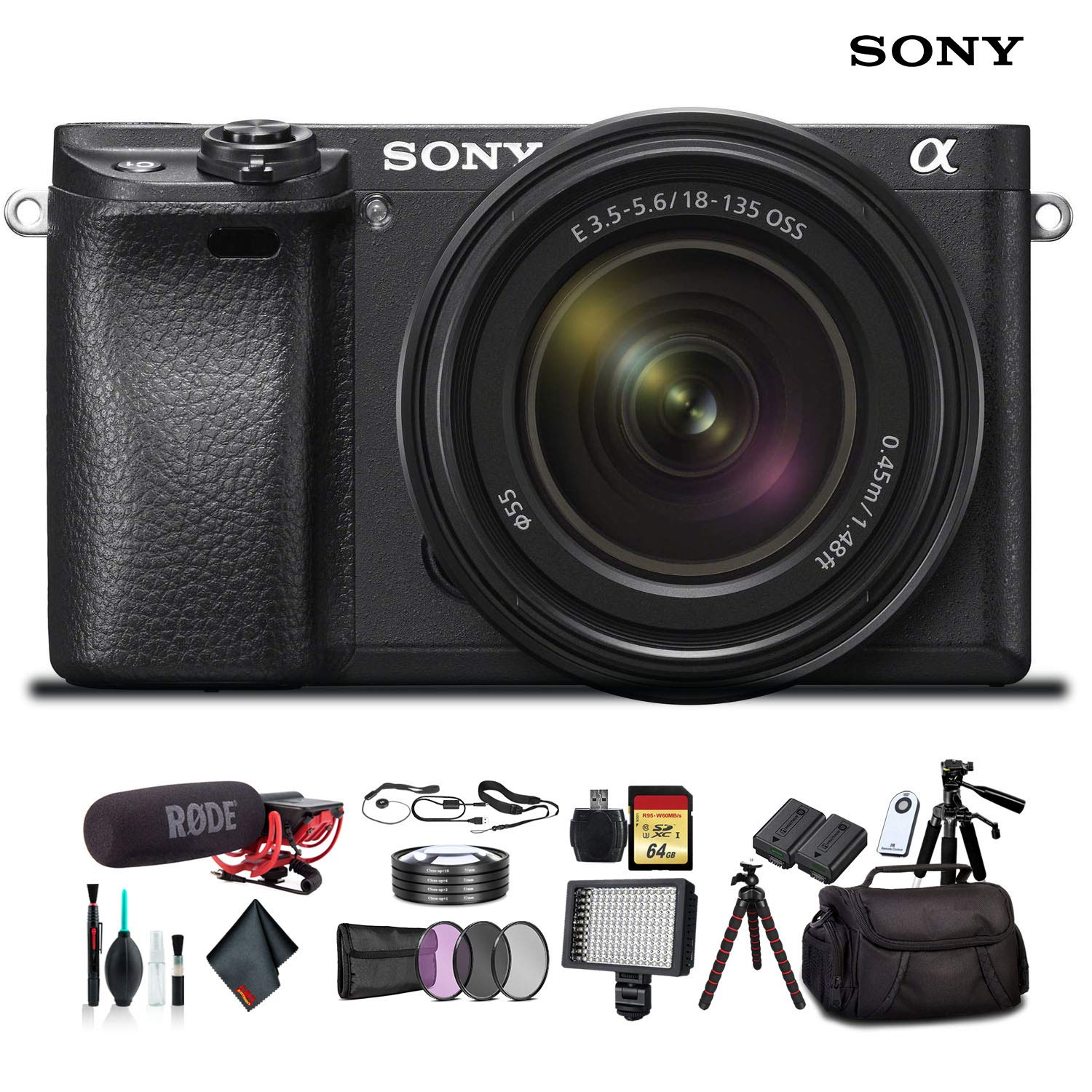 Sony Alpha a6300 Mirrorless Camera with 18-135mm Lens Black ILCE-6300M/B With Soft Bag, Lens Filters, Battery, Rode Mic, LED Light, 64GB Memory Card, Sling Soft Bag, Plus Essential Accessories