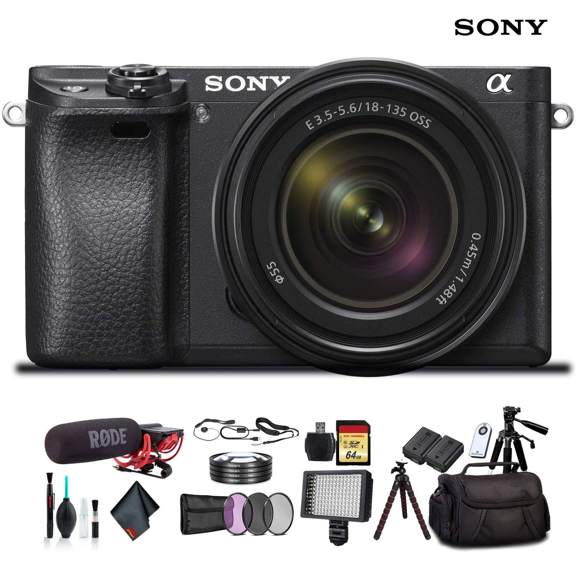 Sony Alpha a6300 Mirrorless Camera with 18-135mm Lens Black ILCE-6300M/B With Soft Bag, Lens Filters, Battery, Rode Mic, LED Light, 64GB Memory Card, Sling Soft Bag, Plus Essential Accessories Sony