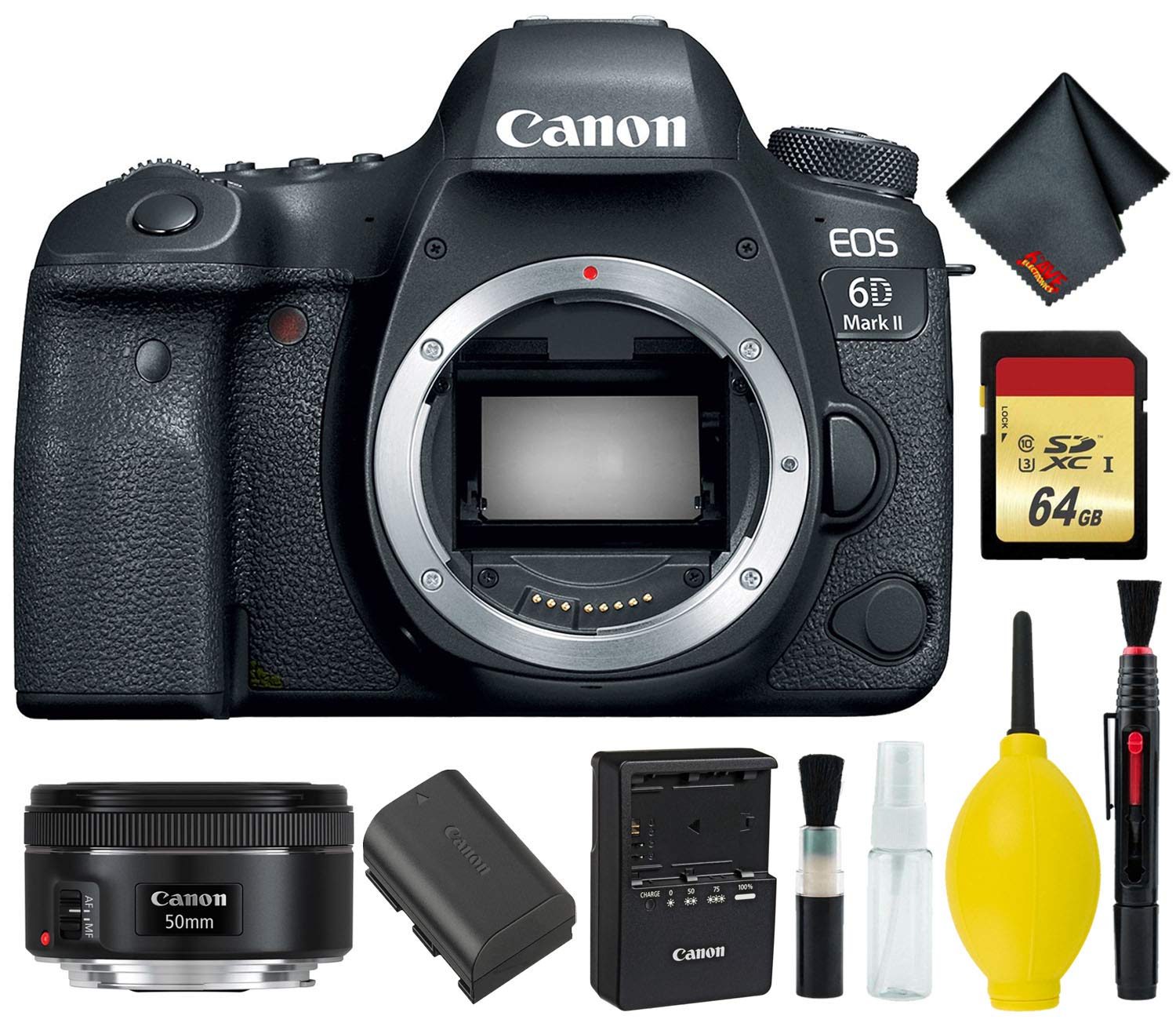 Canon EOS 6D Mark II DSLR Camera Body Only Memory Kit (International Model) w/Canon EF 50mm f/1.8 STM Lens - Internation