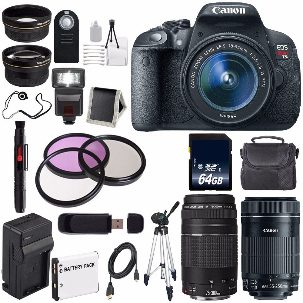 Canon EOS Rebel T5i 18 MP CMOS Digital SLR Camera w/EF-S 18-55mm f/3.5-5.6 Lens (International Model) + EF 75-300mm f/4-
