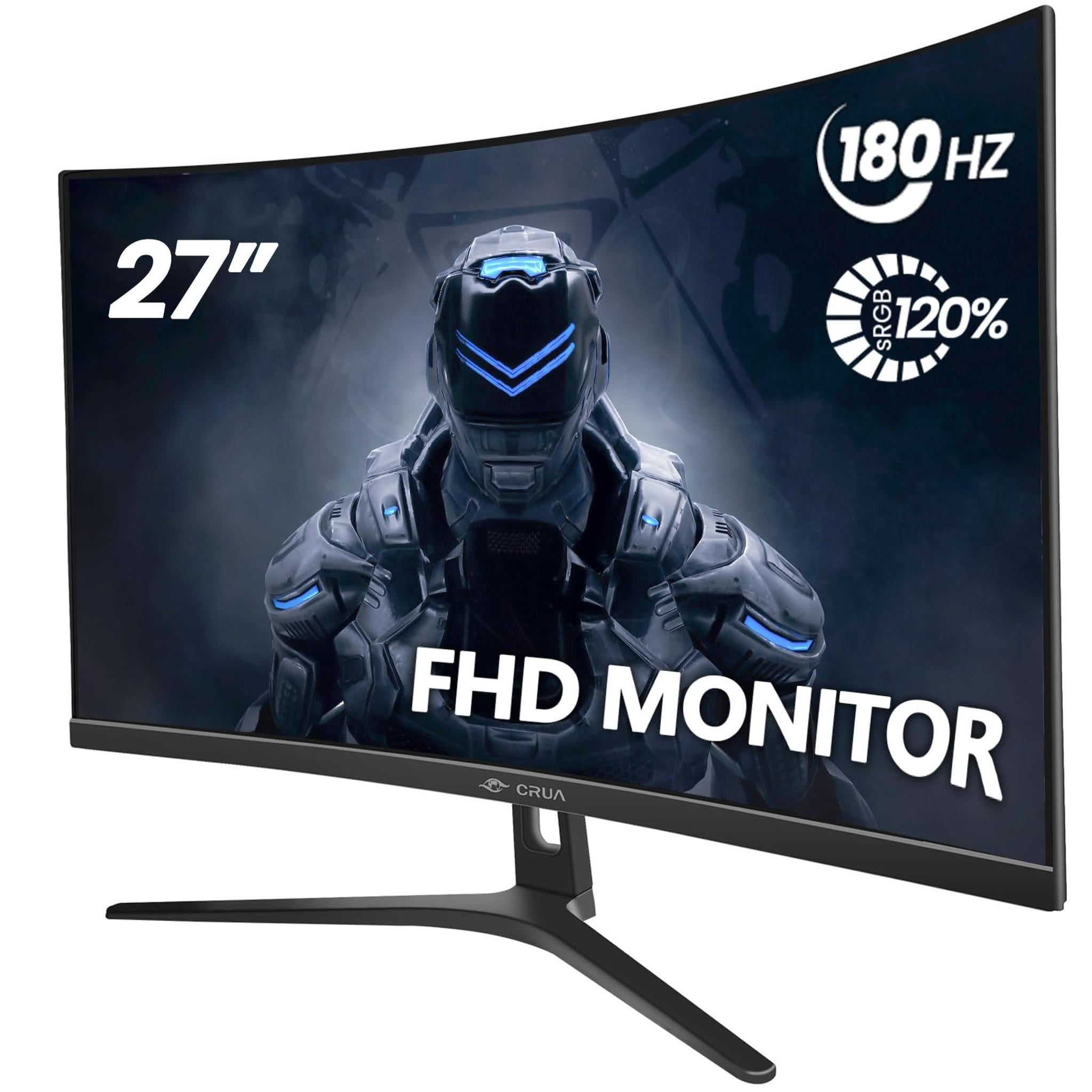CRUA 27" Curved Gaming Monitor, FHD 1920x1080P, 144Hz/180Hz Computer Monitor, 1800R VA Screen, 120% sRGB, AMD FreeSync, HDMI & DP, Wall Mount Install- Black CRUA