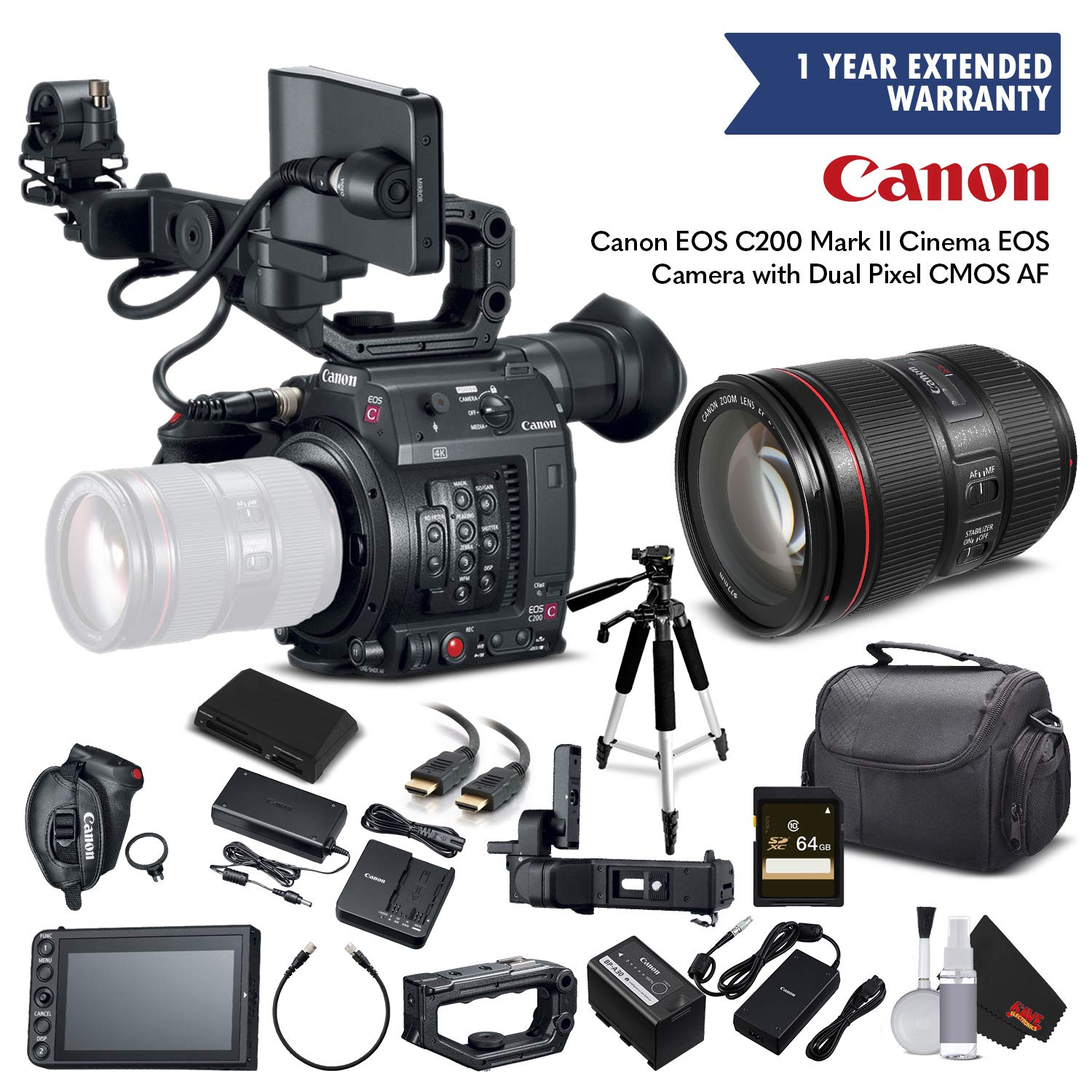 Canon EOS C200 Cinema Camera 2215C002 & EF 24-105mm f/4L is II USM Lens with Memory Card, Case, Tripod, and Extended War