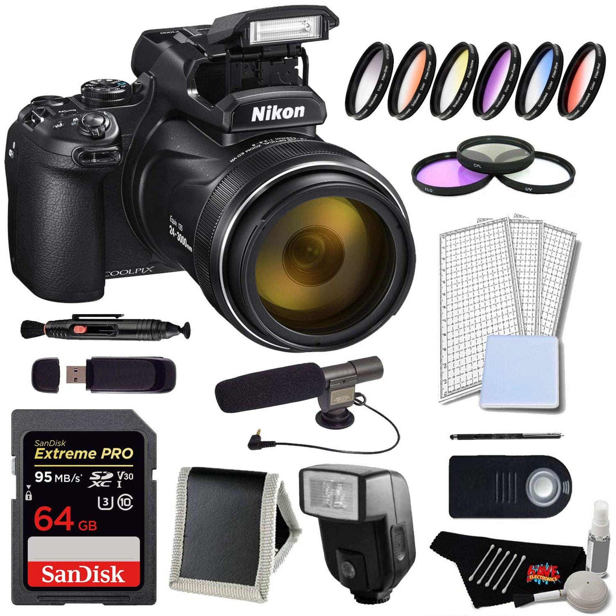 Nikon Coolpix P1000 Digital Camera Pro Bundle w/ 64GB Memory Card and Digital Slave Flash International Model