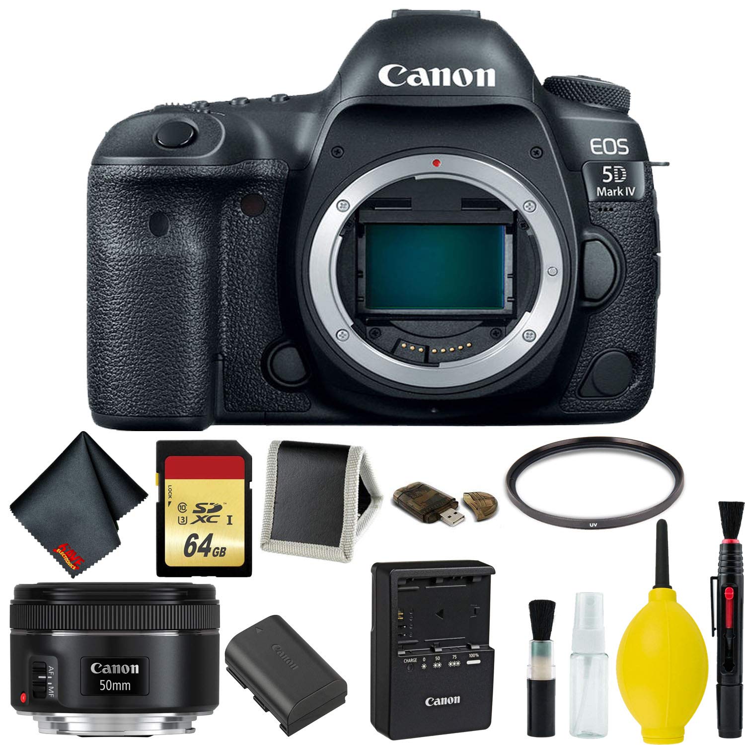 Canon EOS 5D Mark IV DSLR Camera Body Only Memory Kit (International Model) w/Canon EF 50mm f/1.8 STM Lens - Internation