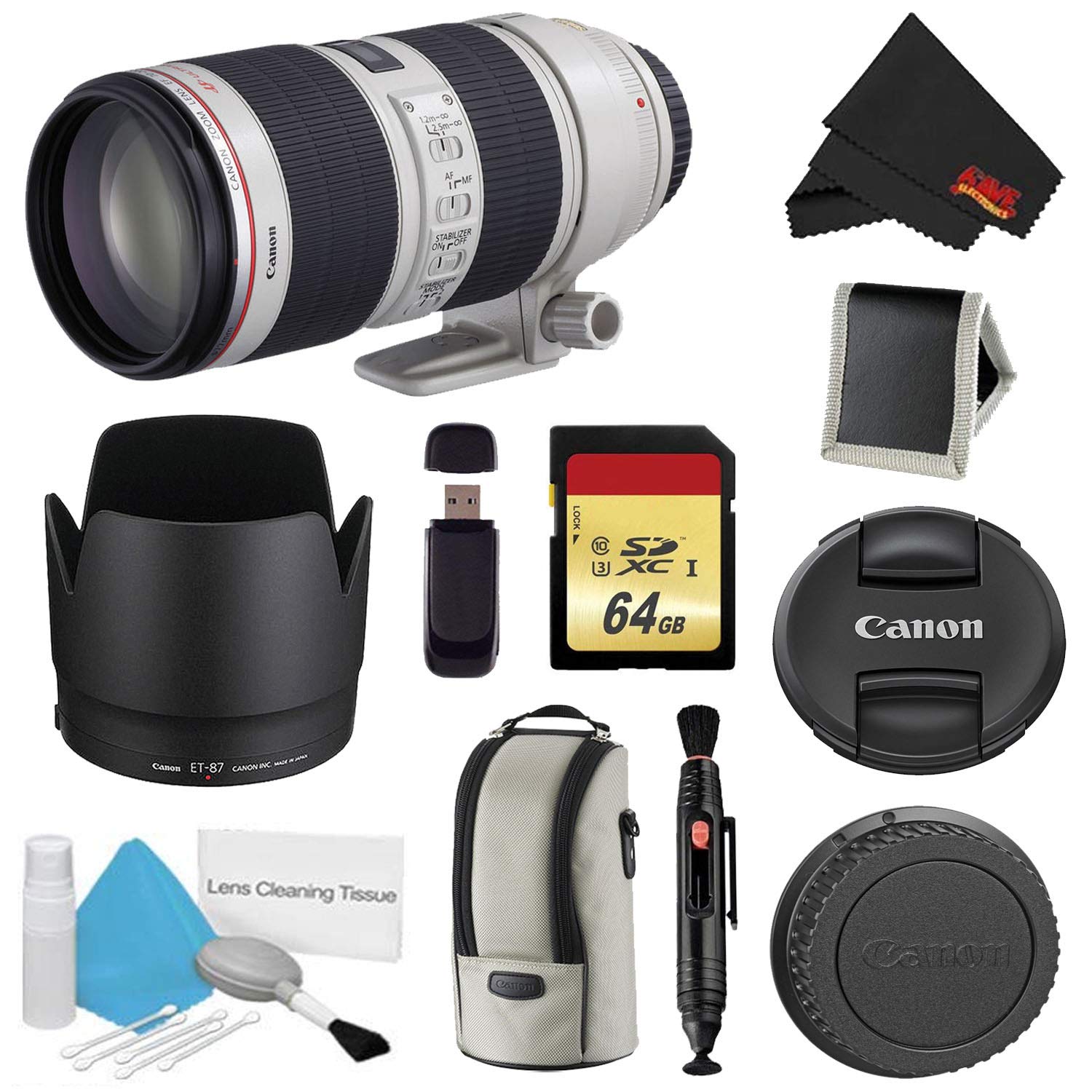 Canon EF 70-200mm f/2.8L is II USM Lens Bundle w/ 64GB Memory Card + Accessories International Model