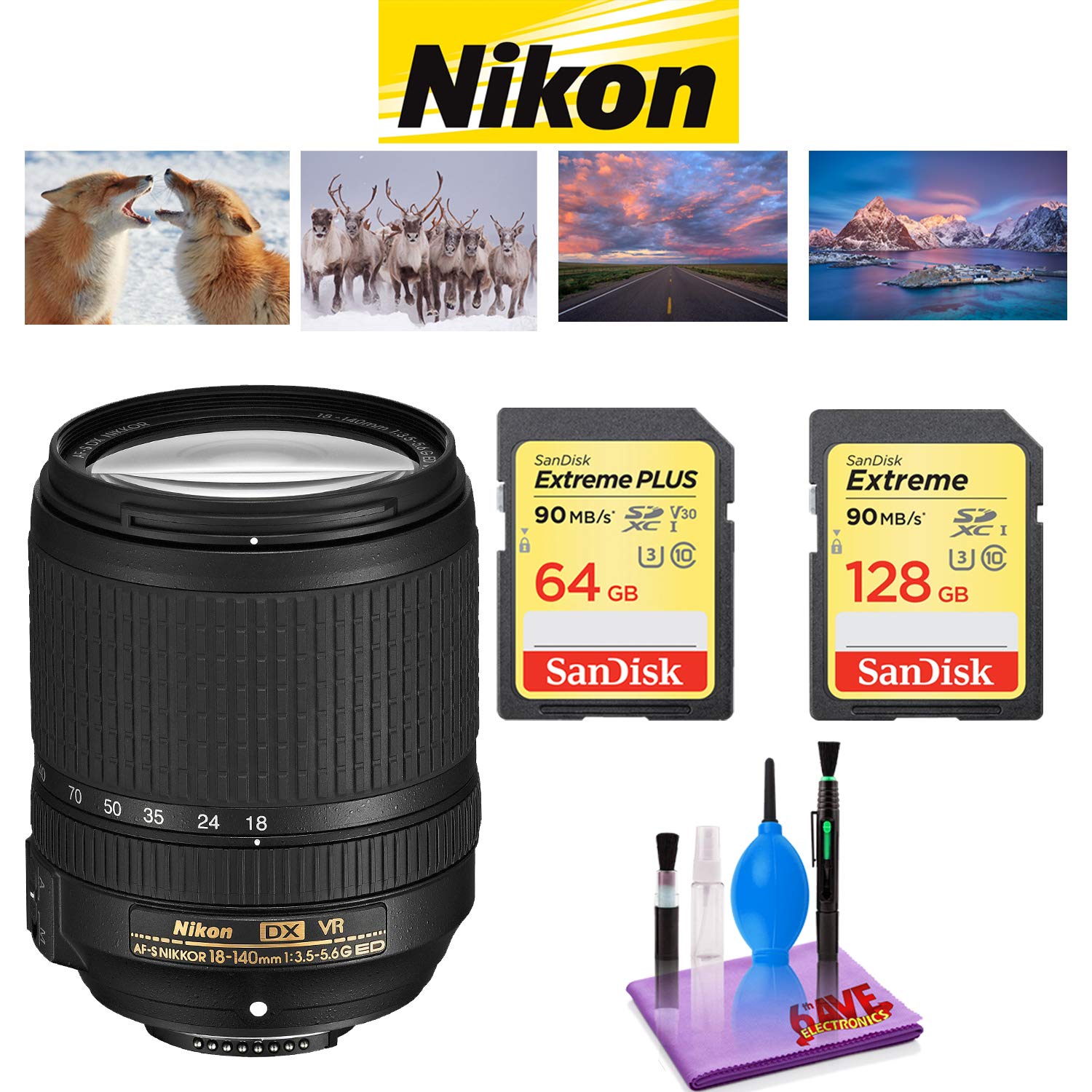 NIKON 18-140MM F/3.5-5.6G ED AF-S DX VR Lens with Sandisk 64GB and 128GB Extreme Memory Card SDXCUHS-I