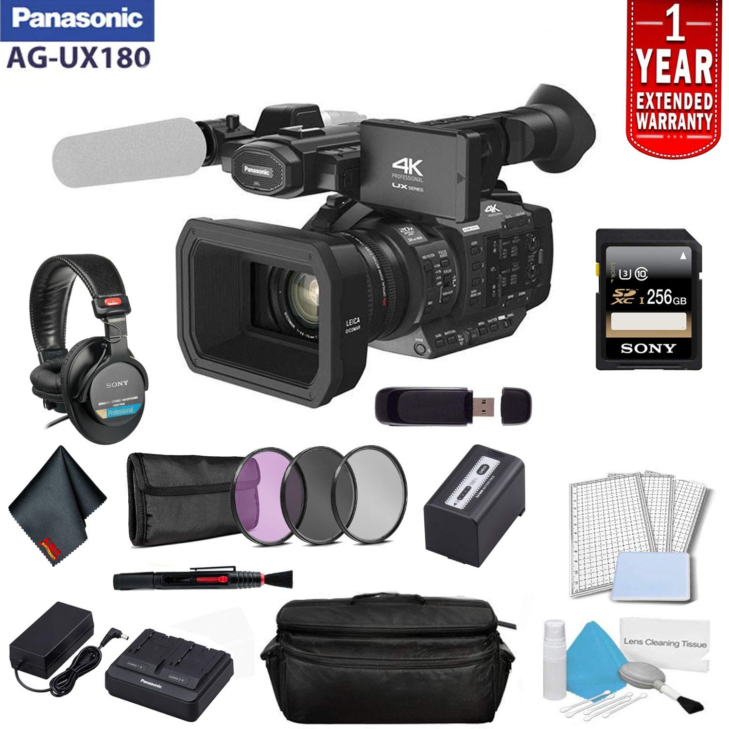 Panasonic AG-UX180 4K Premium Professional Camcorder Bundle with 1 Year Extended Warranty, Sony MDR-7506 Headphones + So