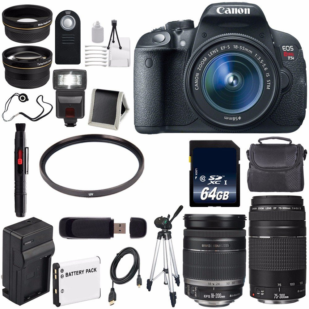 Canon EOS Rebel T5i 18 MP CMOS Digital SLR Camera w/EF-S 18-55mm f/3.5-5.6 Lens (International Model) + EF-S 18-200mm is