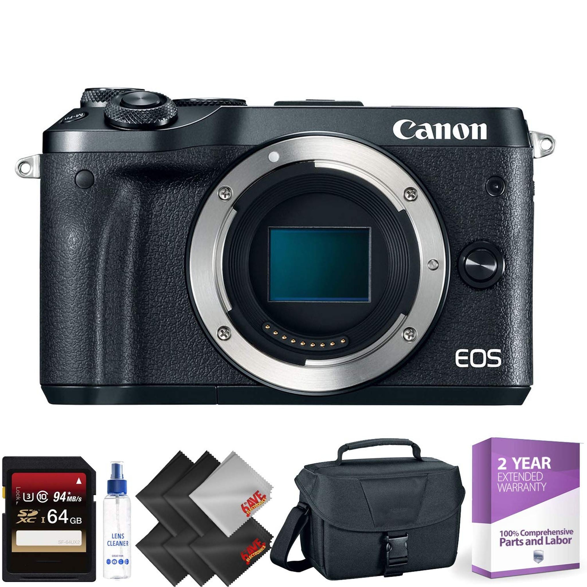 Canon EOS M6 Mirrorless Digital Camera Body Only, Black + 64GB Memory Card + 2 Year Accidental Warranty Canon