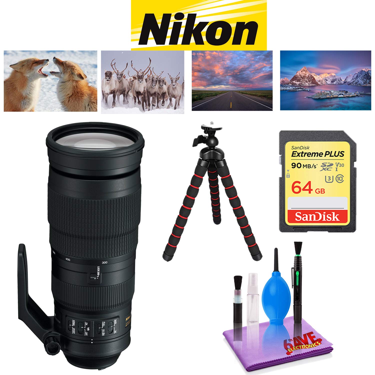 Nikon AF-S NIKKOR 200-500mm f/5.6E ED VR Lens with Sandisk 64 GB Memory Card, Deluxe Backpack for Camera + Video and 12