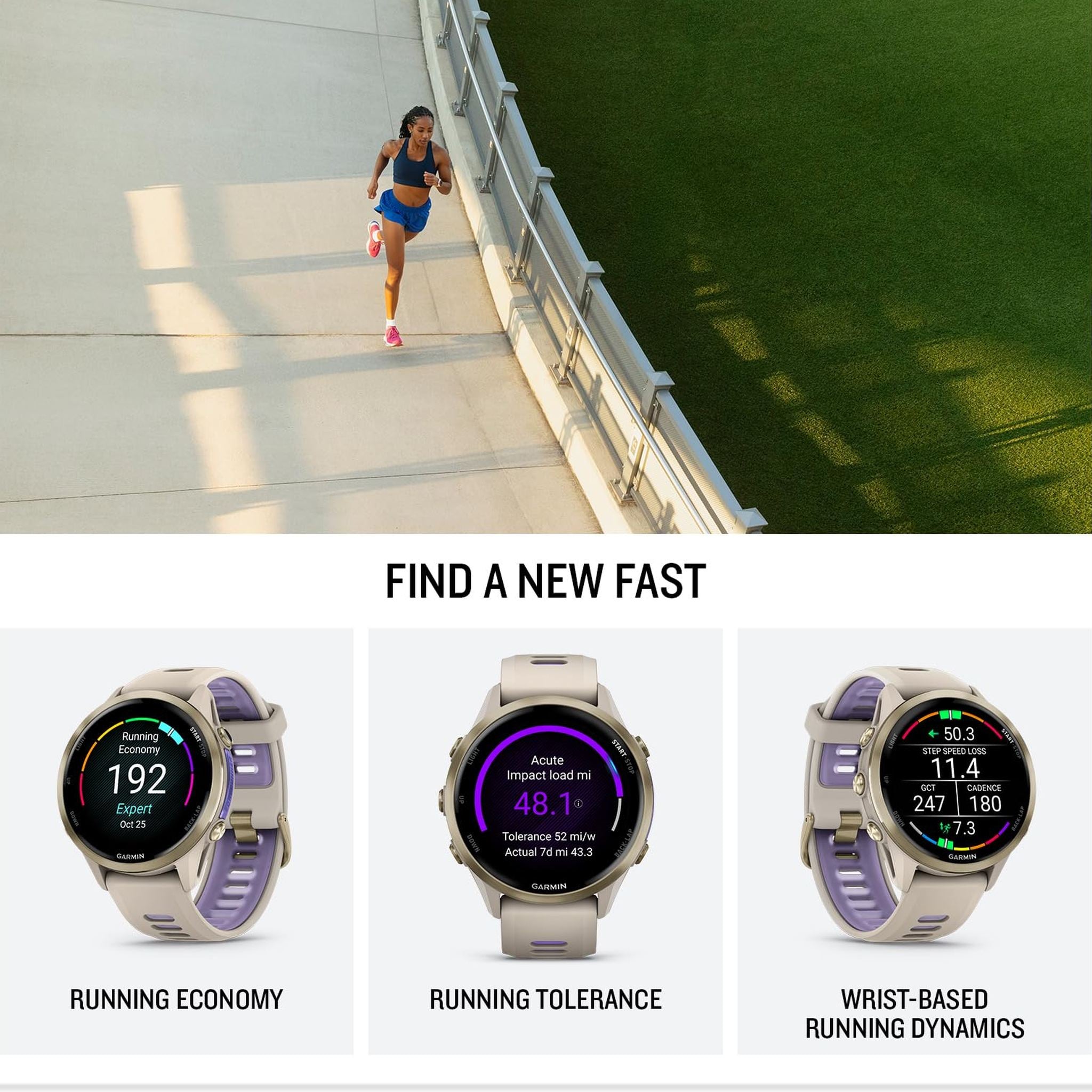 Garmin® Forerunner® 970, Premium GPS Running and Triathlon Smartwatch, AMOLED Display, Built-in LED Flashlight, Soft Gold Titanium with French Gray Case and French Gray/Translucent Indigo Band
