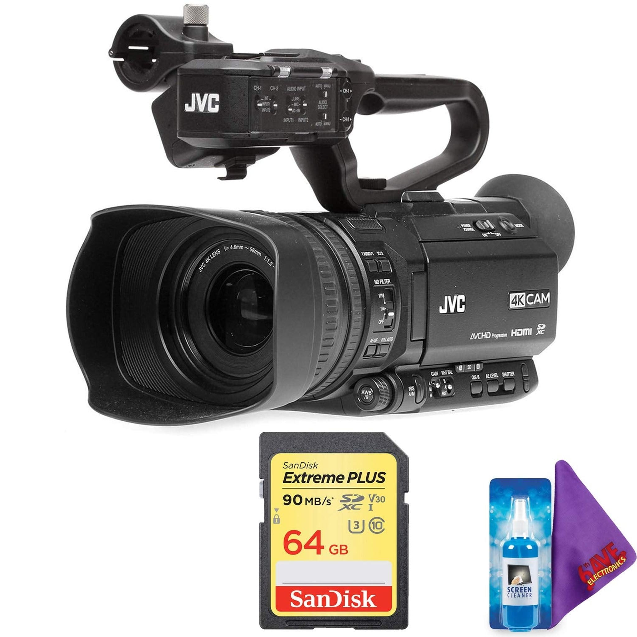 JVC GY-HM250 UHD 4K Streaming Camcorder with Built-in Lower-Thirds Graphics + Pro Memory Card