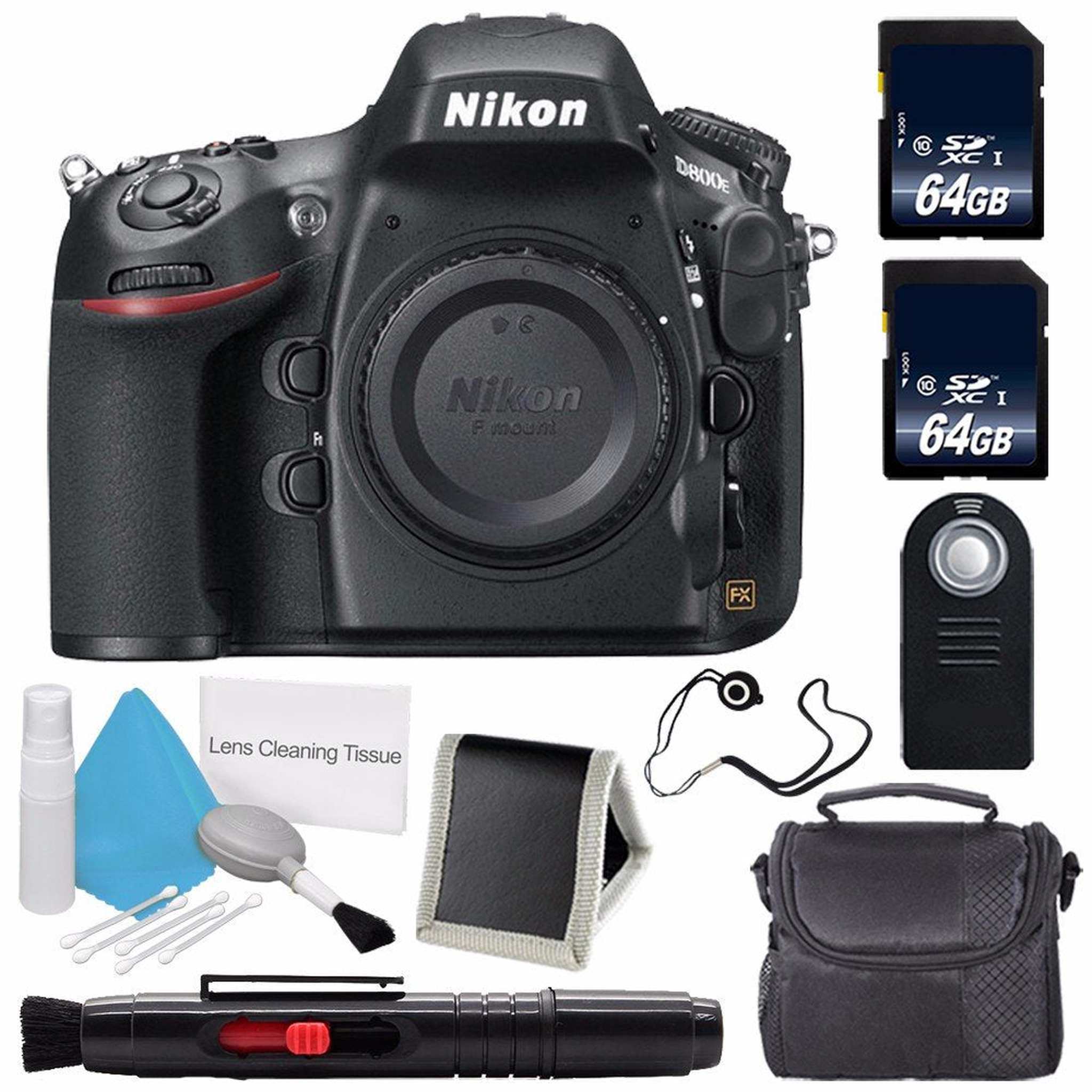 Nikon D800E Digital Camera Body Only International Model + Carrying Case + Lens Pen Cleaner + Lens Cap Keeper + 64GB Memory Card