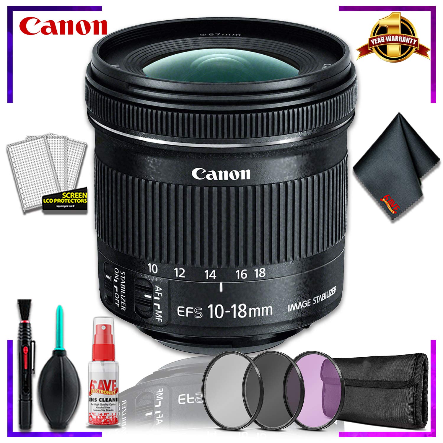 Canon EF-S 10-18mm f.4.5-5.6 is STM Lens (International Model) + 3pcs UV Lens Filter Kit + Cleaning Kit