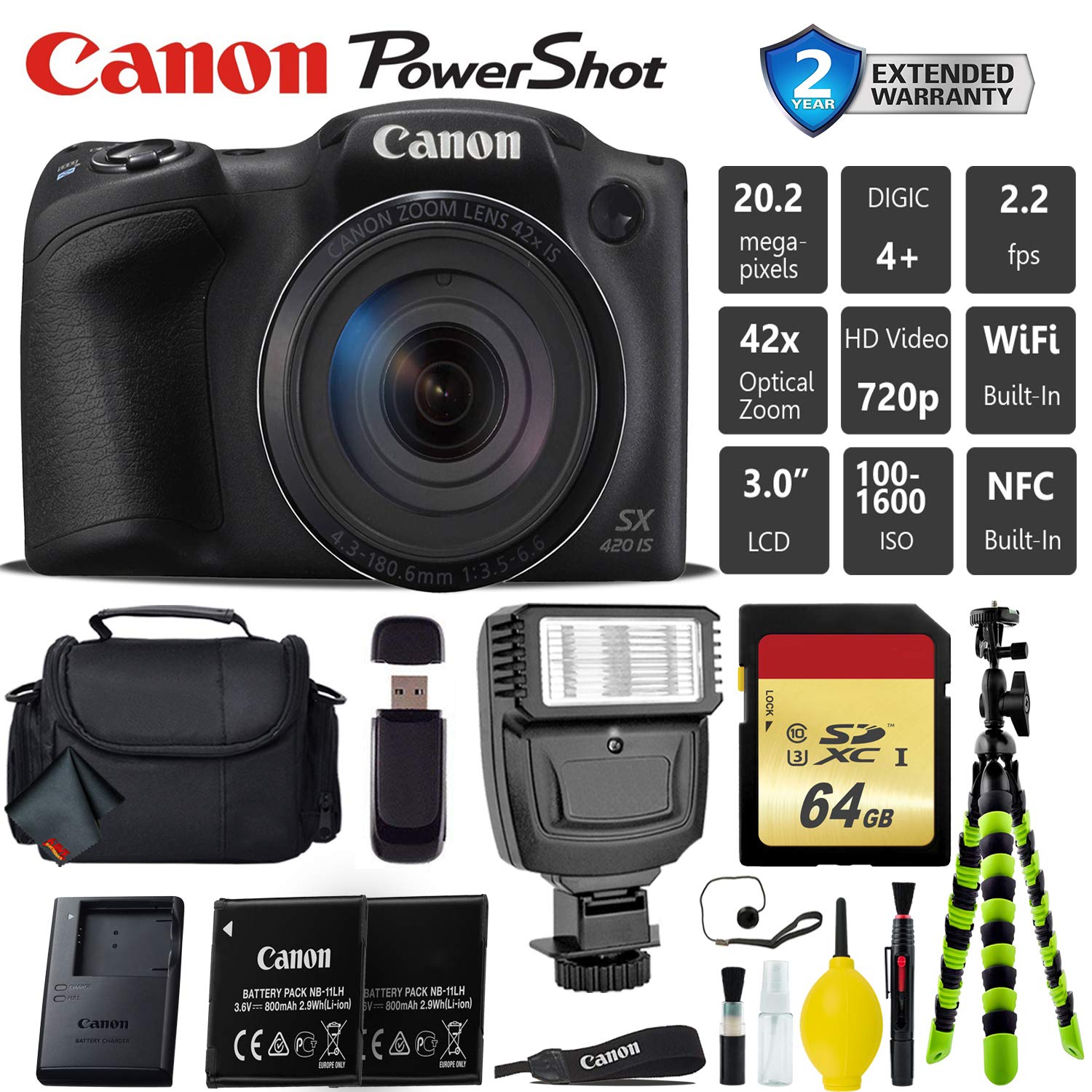 Canon PowerShot SX420 is Digital Point and Shoot Camera + Extra Battery + Digital Flash + Camera Case + 64GB Class 10 Card Professional Bundle