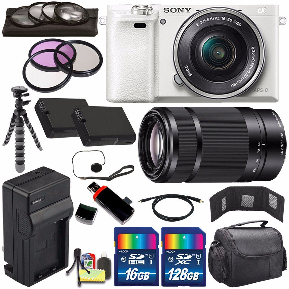 Sony Alpha a6000 Mirrorless Digital Camera with 16-50mm Lens (White) + Sony E 55-210mm f/4.5-6.3 OSS E-Mount Lens 144GB Bundle