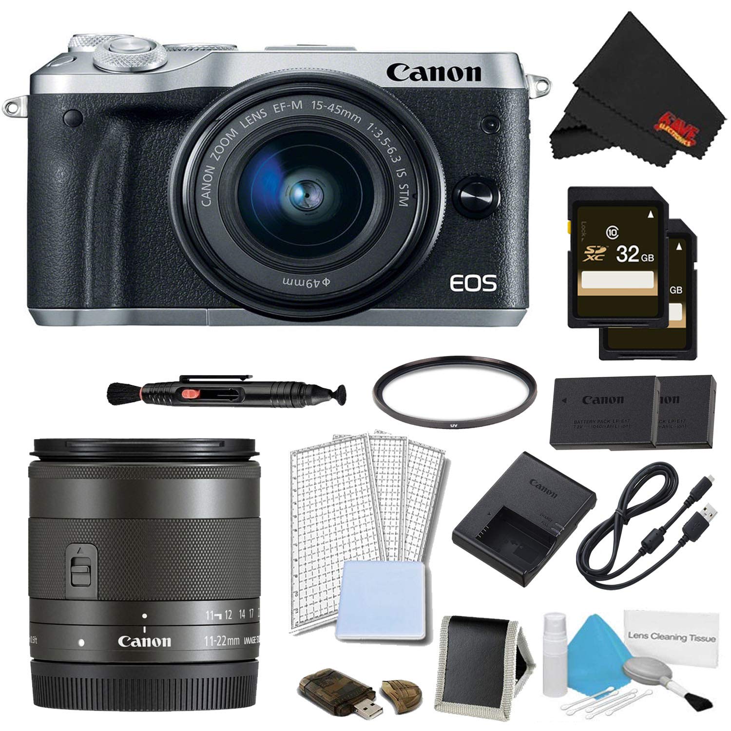 Canon EOS M6 Mirrorless Digital Camera with 15-45mm Lens Silver Pro Bundle w/Bonus EF-M 11-22MM Lens - International M