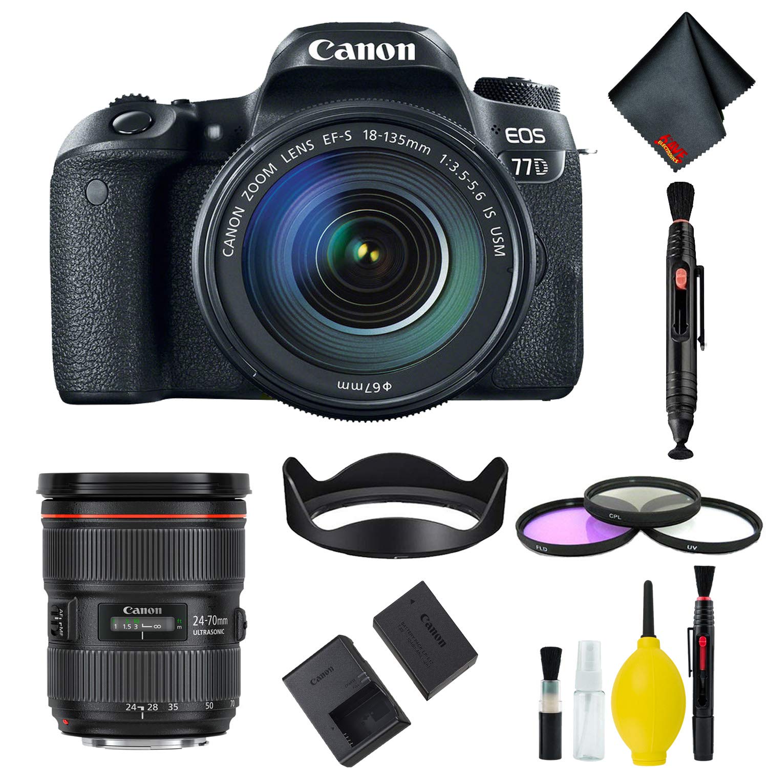 Canon EOS 77D DSLR Camera with 18-135mm USM Lens Filter Kit w/Bonus 24-70mm Lens