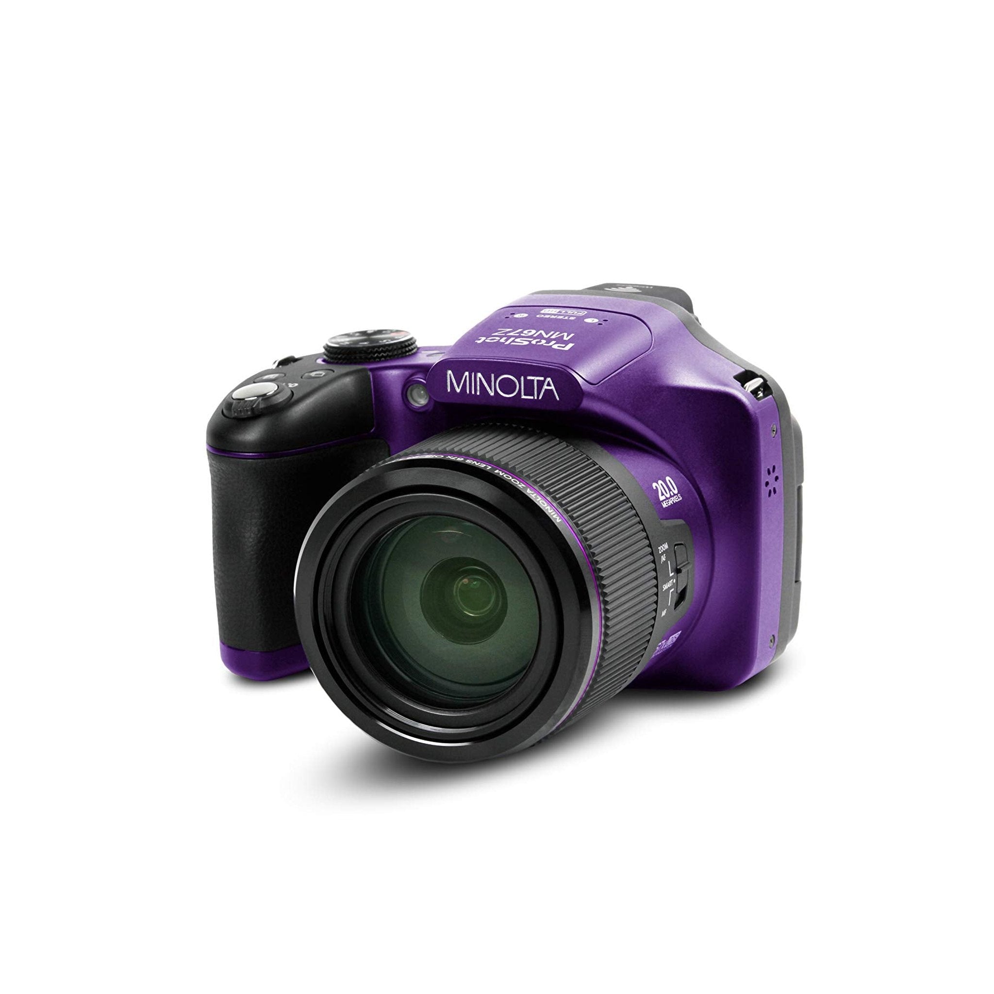 Minolta Pro Shot 20 Mega Pixel HD Digital Camera with 67x Optical Zoom, Full 1080p HD Video & 16GB SD Card Purple Minolta
