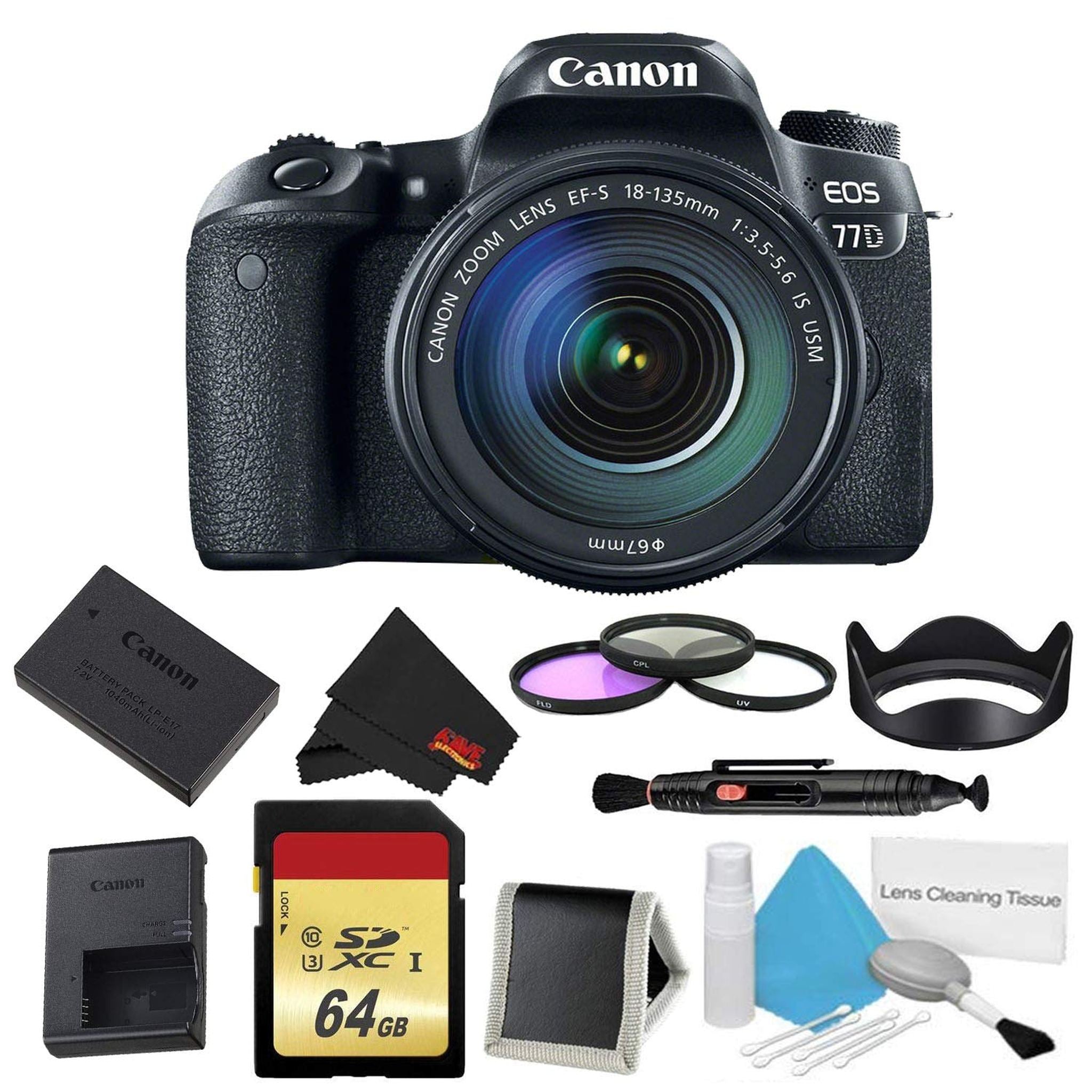 Canon EOS 77D DSLR Camera with 18-135mm Lens Bundle w/ 3 Piece Filter & Memory Kit International Model Canon