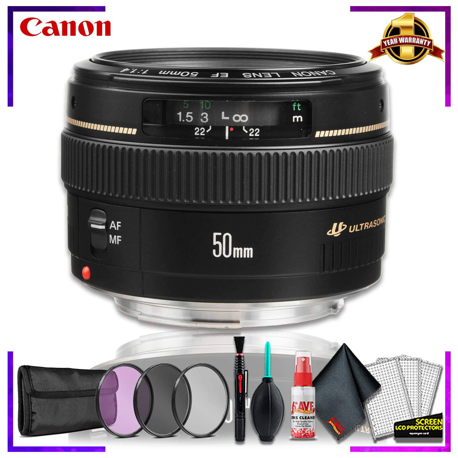 Canon EF 50 1.4 USM 58MM Lens (International Model) + 3pcs UV Lens Filter Kit + Cleaning Kit