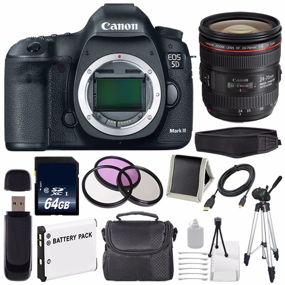 Canon EOD 5D III Digital Camera International Model + Canon EF 24-70mm f/4L is USM Lens + LP-E6 Battery + 64GB Memory Card Storage Bundle