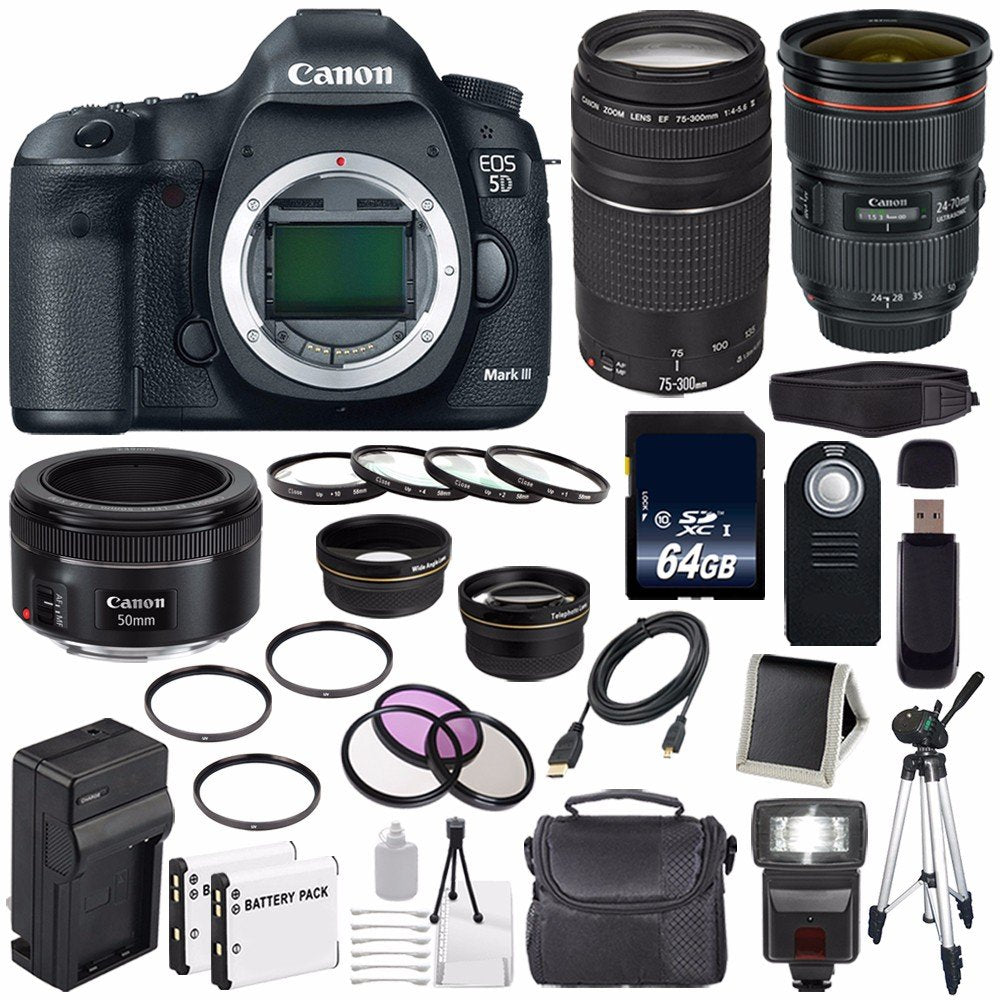 Canon EOD 5D III Digital Camera International Model + Canon EF 24-70mm f/2.8L II USM Lens + Canon EF 75-300 III+ EF 50mm Ultimate Bundle