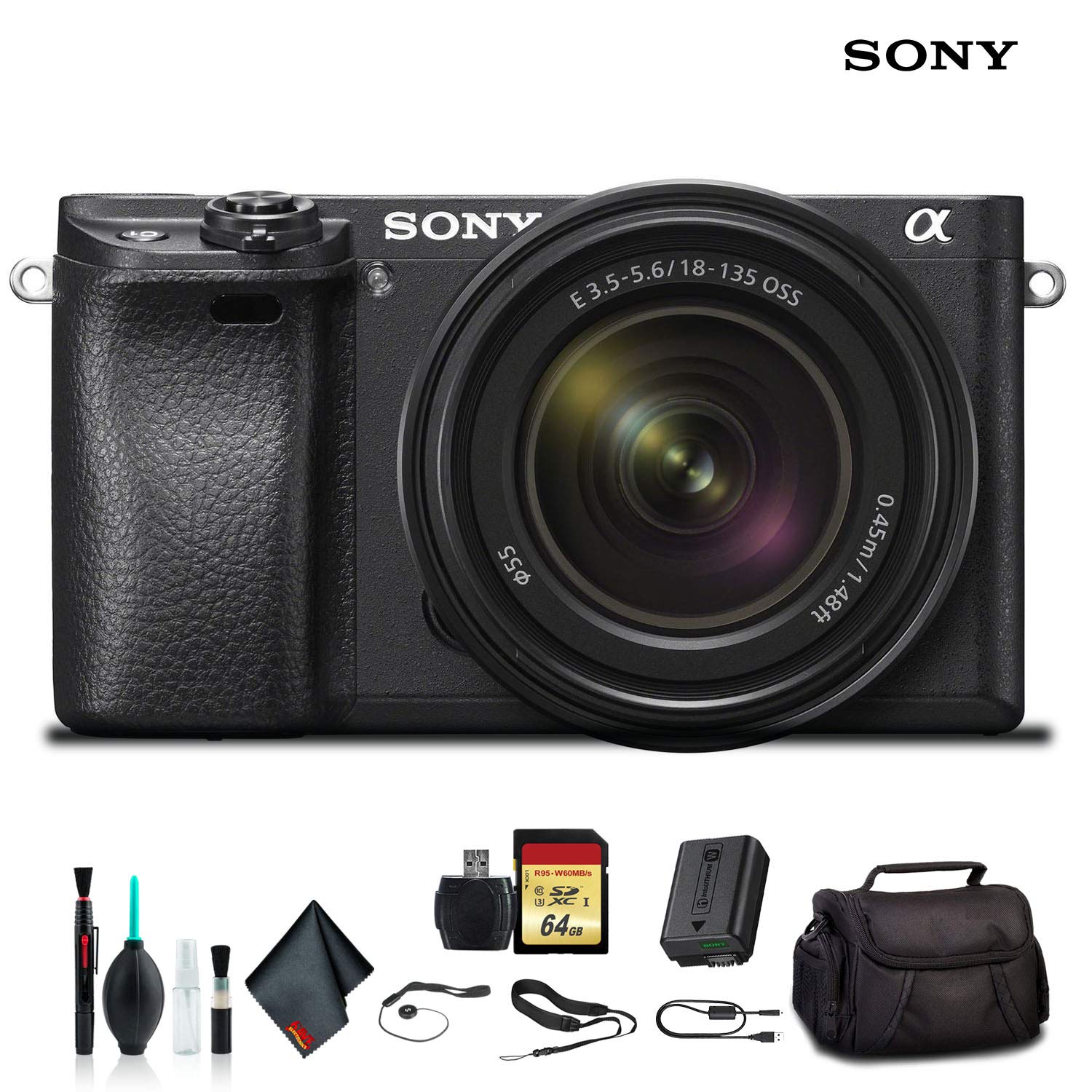 Sony Alpha a6300 Mirrorless Camera with 18-135mm Lens Black ILCE-6300M/B With Soft Bag, 64GB Memory Card, Card Reader , Plus Essential Accessories