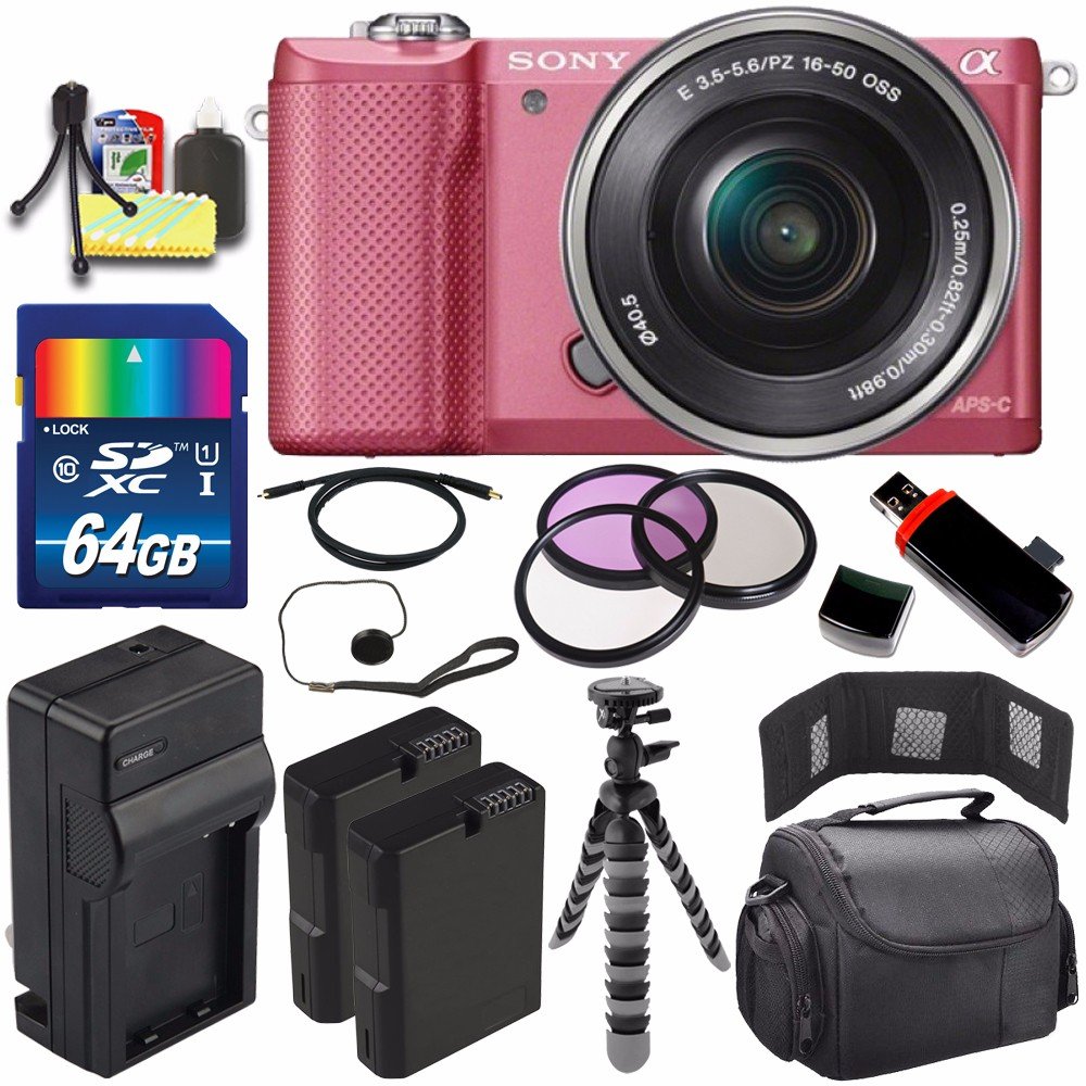 Sony Alpha a5000 Mirrorless Digital Camera with 16-50mm Lens (Pink) + Battery + Charger + 64GB Bundle 6 - International