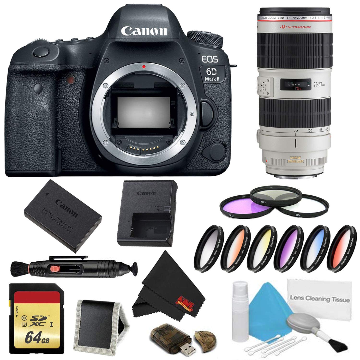 Canon EOS 6D Mark II DSLR Camera Body Only 9 Piece Filter w/Memory Bundle + Canon EF 70-200mm f/2.8L is II USM Lens -
