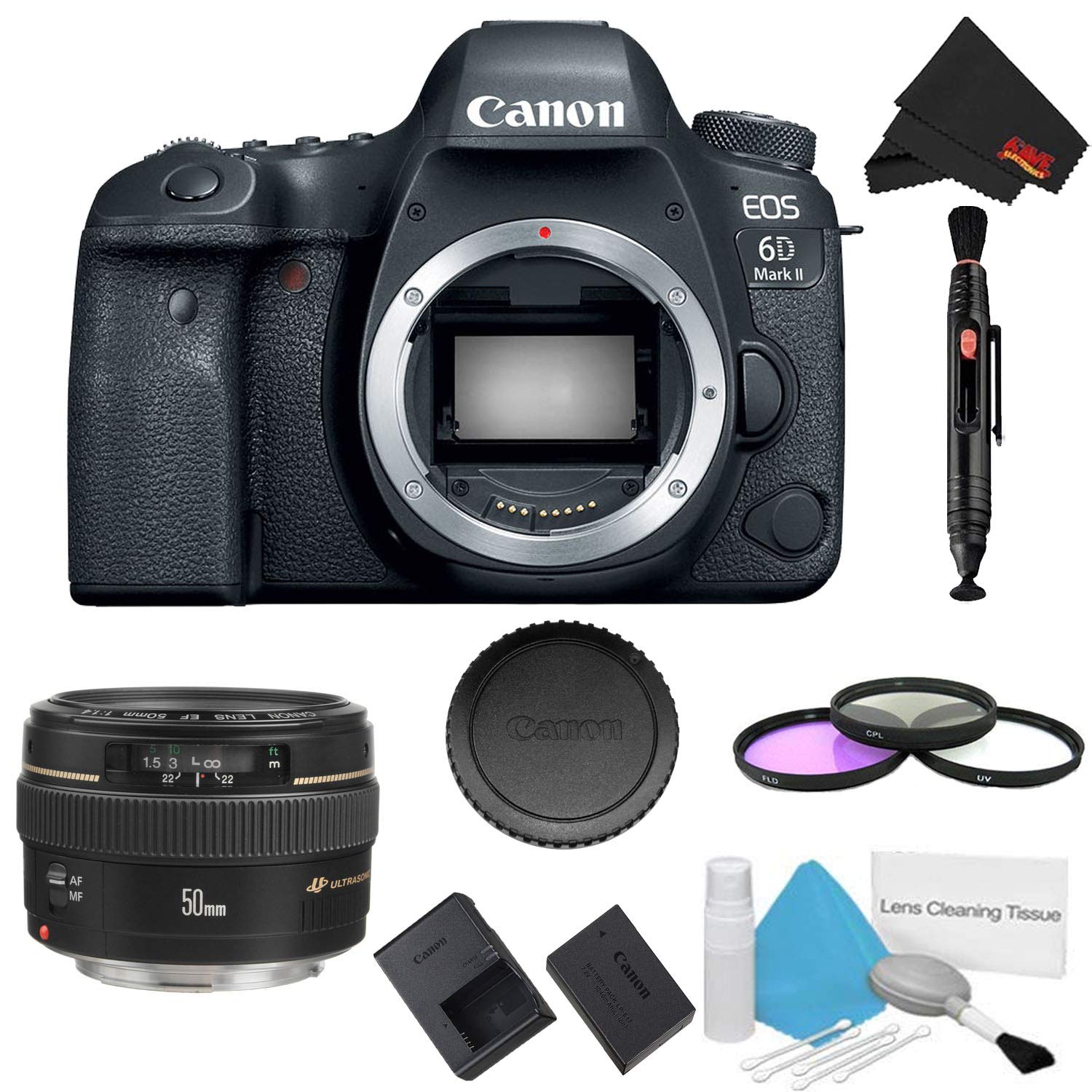 Canon EOS 6D Mark II DSLR Camera (Body Only) 3 Piece Filter Bundle + Canon EF 50mm f/1.4 USM Lens - International Model