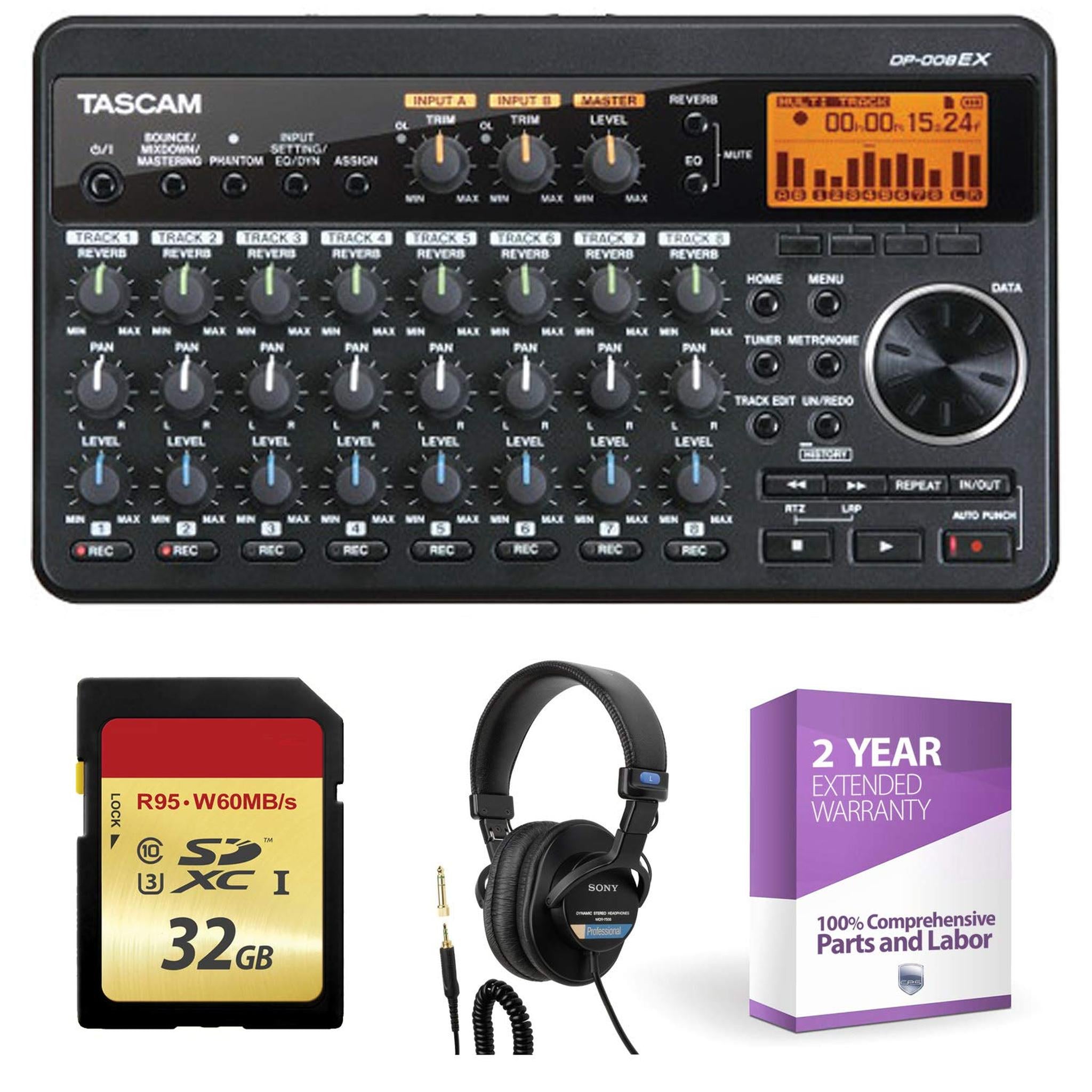 Tascam DP-008EX 8-Track Digital Pocketstudio + 32GB Memory Card + Studio Headphones Tascam
