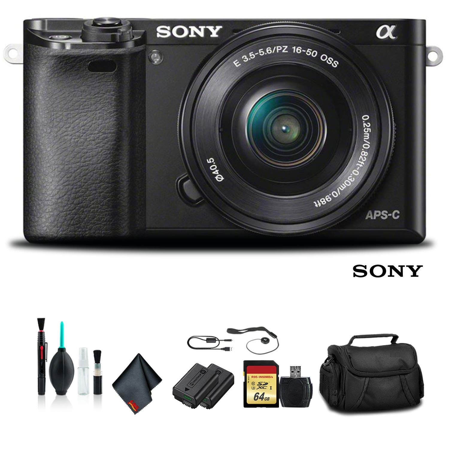 Sony Alpha a6000 Mirrorless Camera with 16-50mm Lens Black With Soft Bag, Tripod, Additional Battery, 64GB Memory Card, Card Reader , Plus Essential Accessories