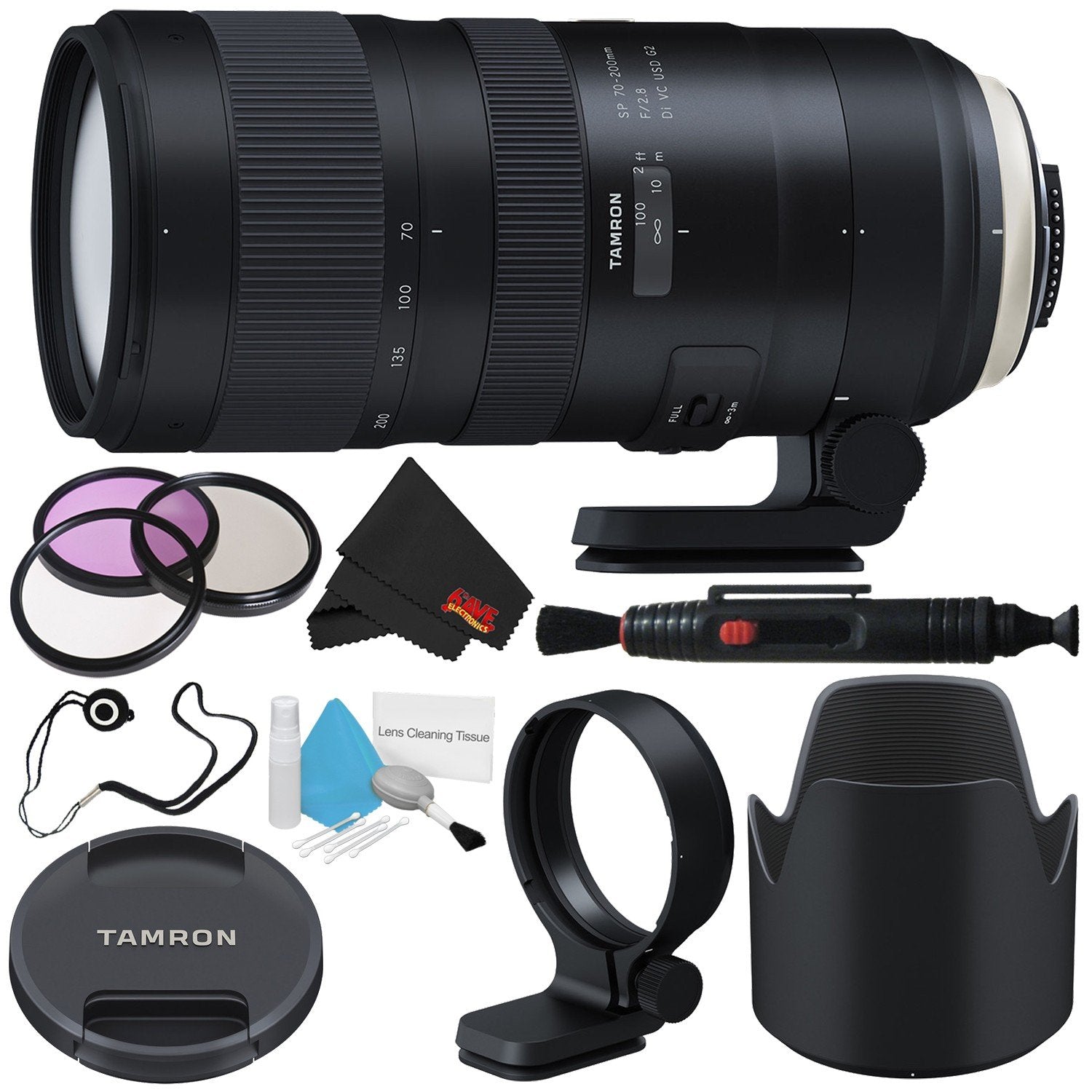 6Ave Tamron SP 70-200mm f/2.8 Di VC USD G2 Lens for Nikon F (International Model) + 77mm 3 Piece Filter Kit + Deluxe Cle