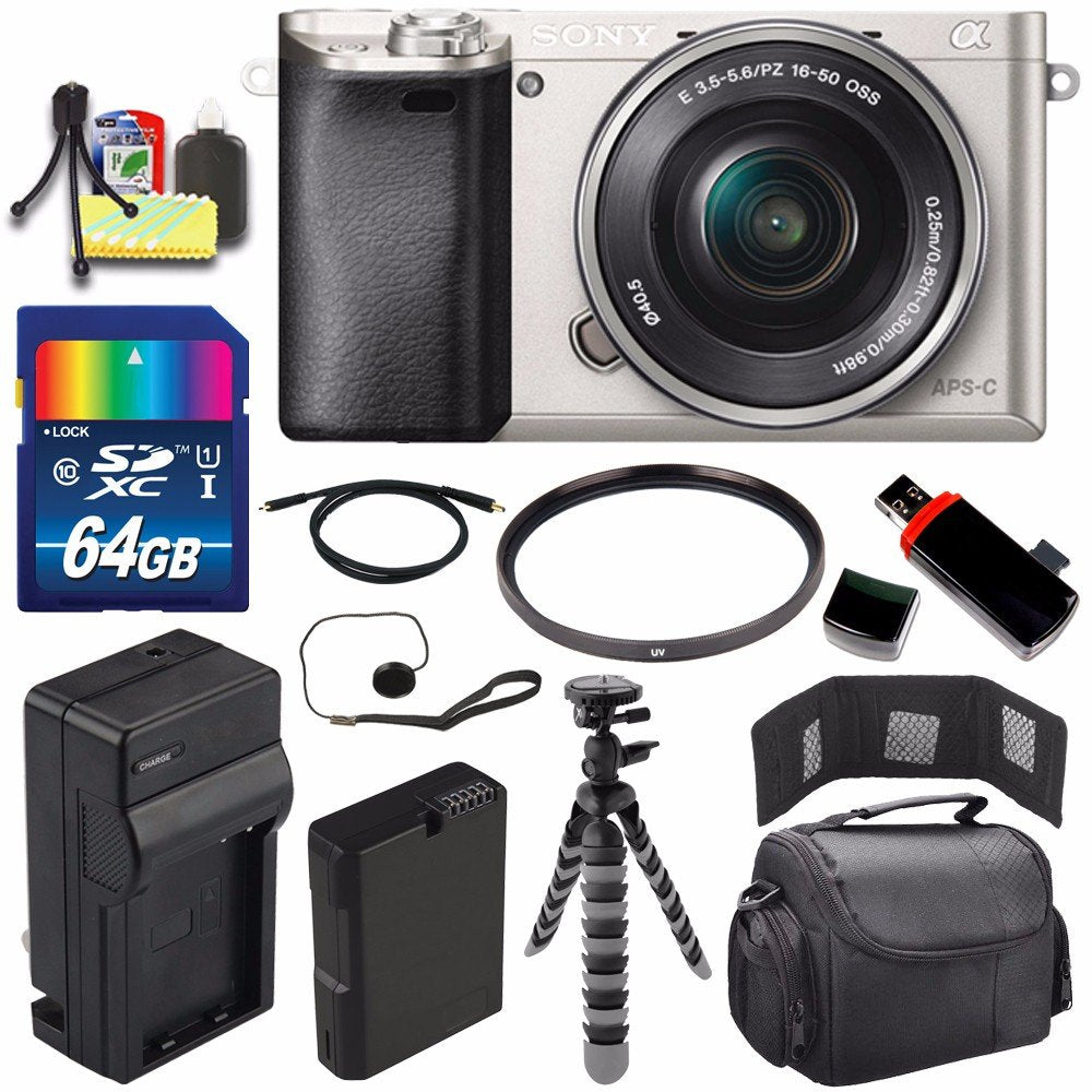 Sony Alpha a6000 Mirrorless Digital Camera with 16-50mm Lens (Silver) + Battery + Charger + 64GB Bundle 3 - International