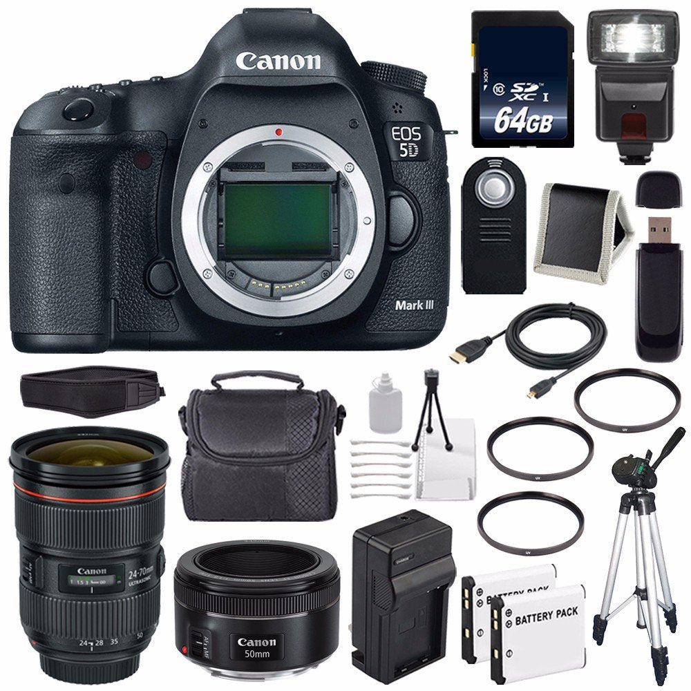 Canon EOD 5D III Digital Camera International Model + Canon EF 24-70mm f/2.8L II USM Lens + EF 50mm f/1.8 STM Lens Advanced Bundle