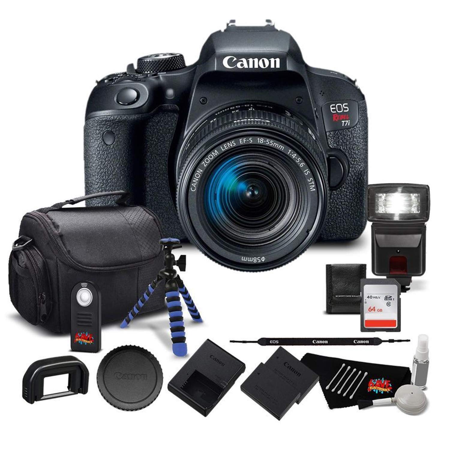 Canon EOS Rebel T7i Digital SLR Camera with 18-55mm Lens 1894C002 - Bundle Kit with 64GB Memory Card, Extra Battery, Tri