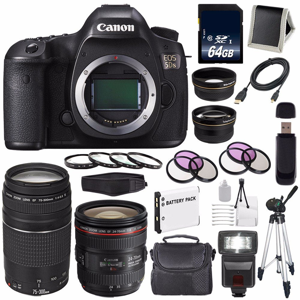 Canon EOS 5DS DSLR Camera (International Model) 0581C002 + Canon EF 24-70mm f/4L is USM Lens + Canon EF 75-300 III Pro Bundle