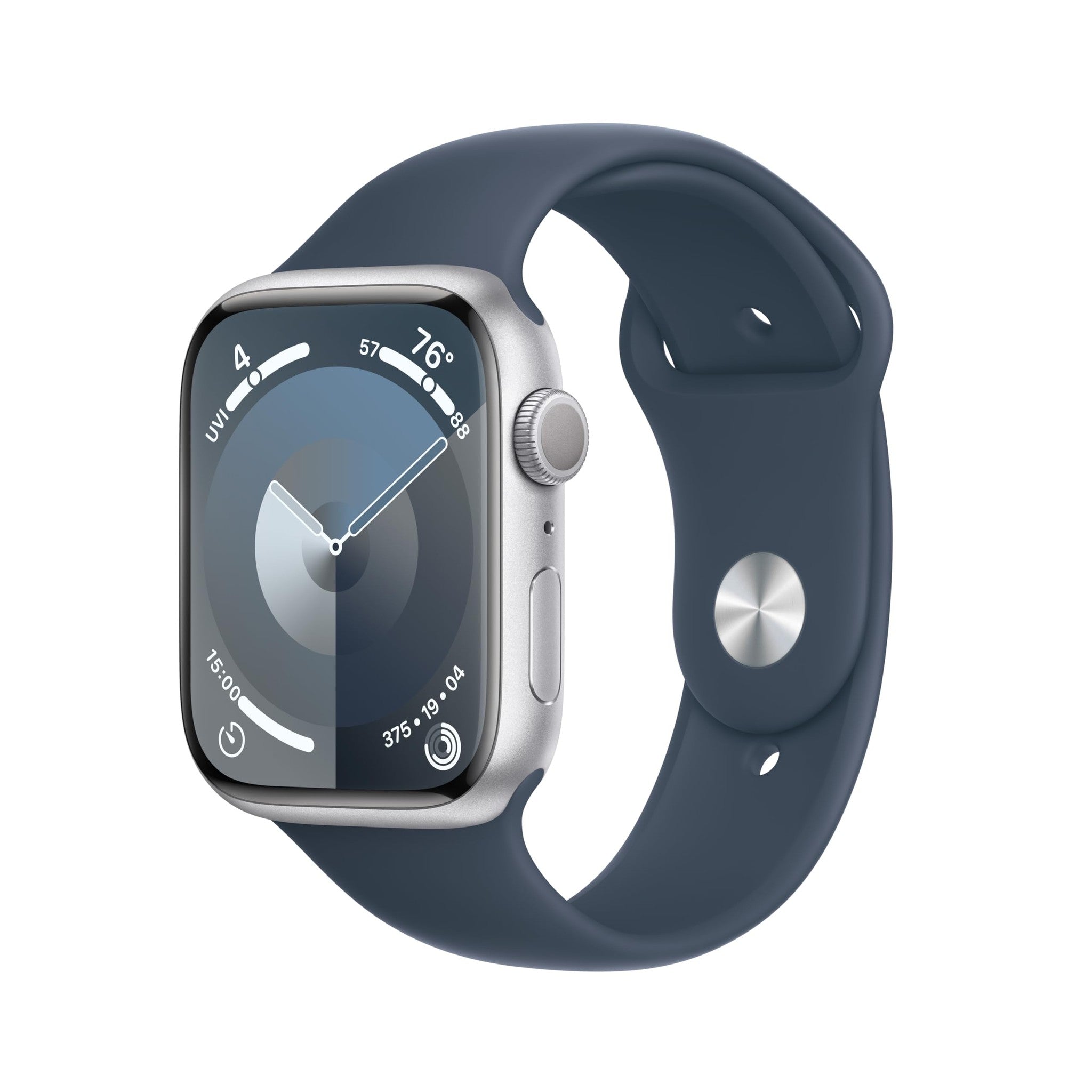Apple Watch Series 9 GPS 45mm Smartwatch with Silver Aluminum Case with Storm Blue Sport Band M/L. Fitness Tracker, ECG Apps, Always-On Retina Display, Water Resistant Apple